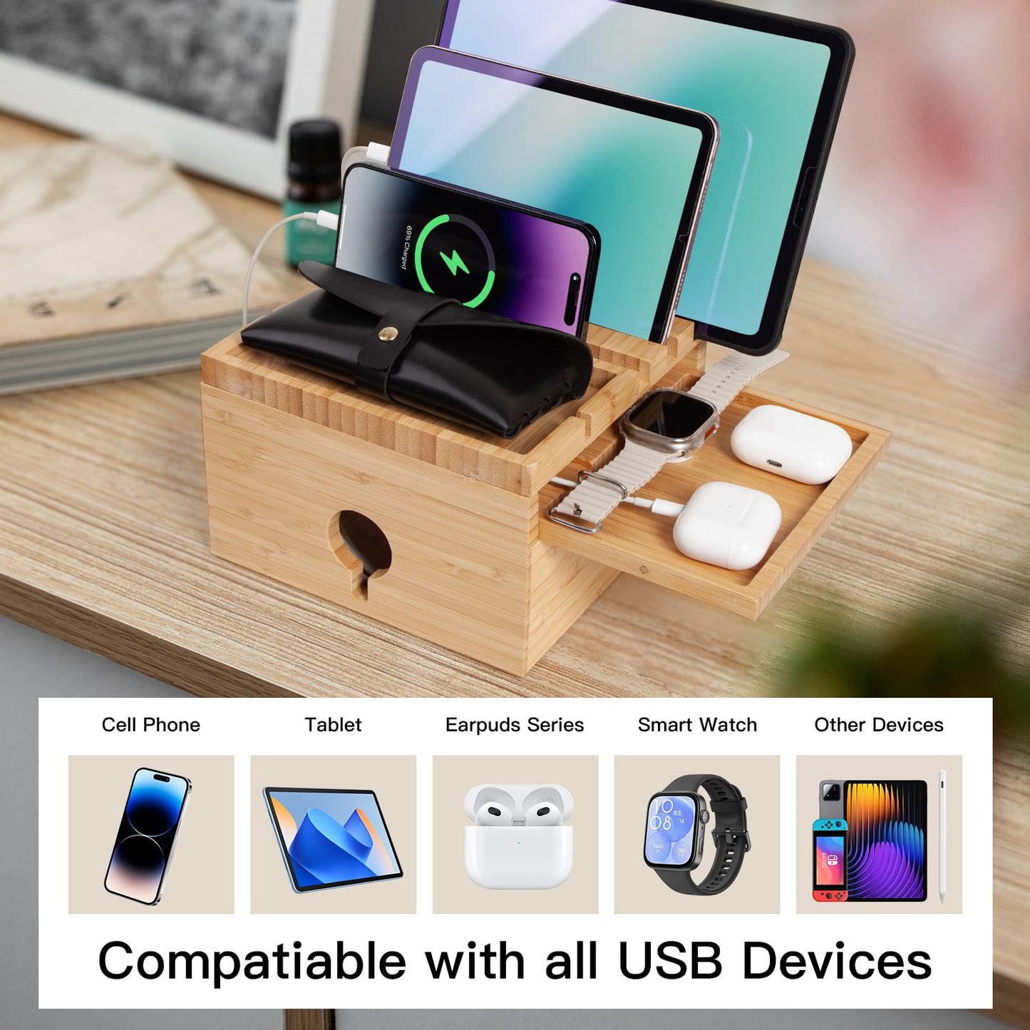 PERFECYEE Bamboo Charging Station for Multiple Devices, Desktop Charger Organizer with Small Tray, Compatible with Cell Phone, Tablet, Earphones (with 5-Cable, No USB Charger)