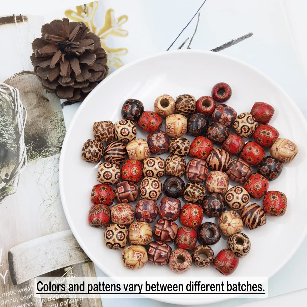INSPIRELLE 200pcs Large Painted Wooden Barrel Shaped Hair Beads Assorted African Beads Macrame Supplies for Jewelry Making and Crafts