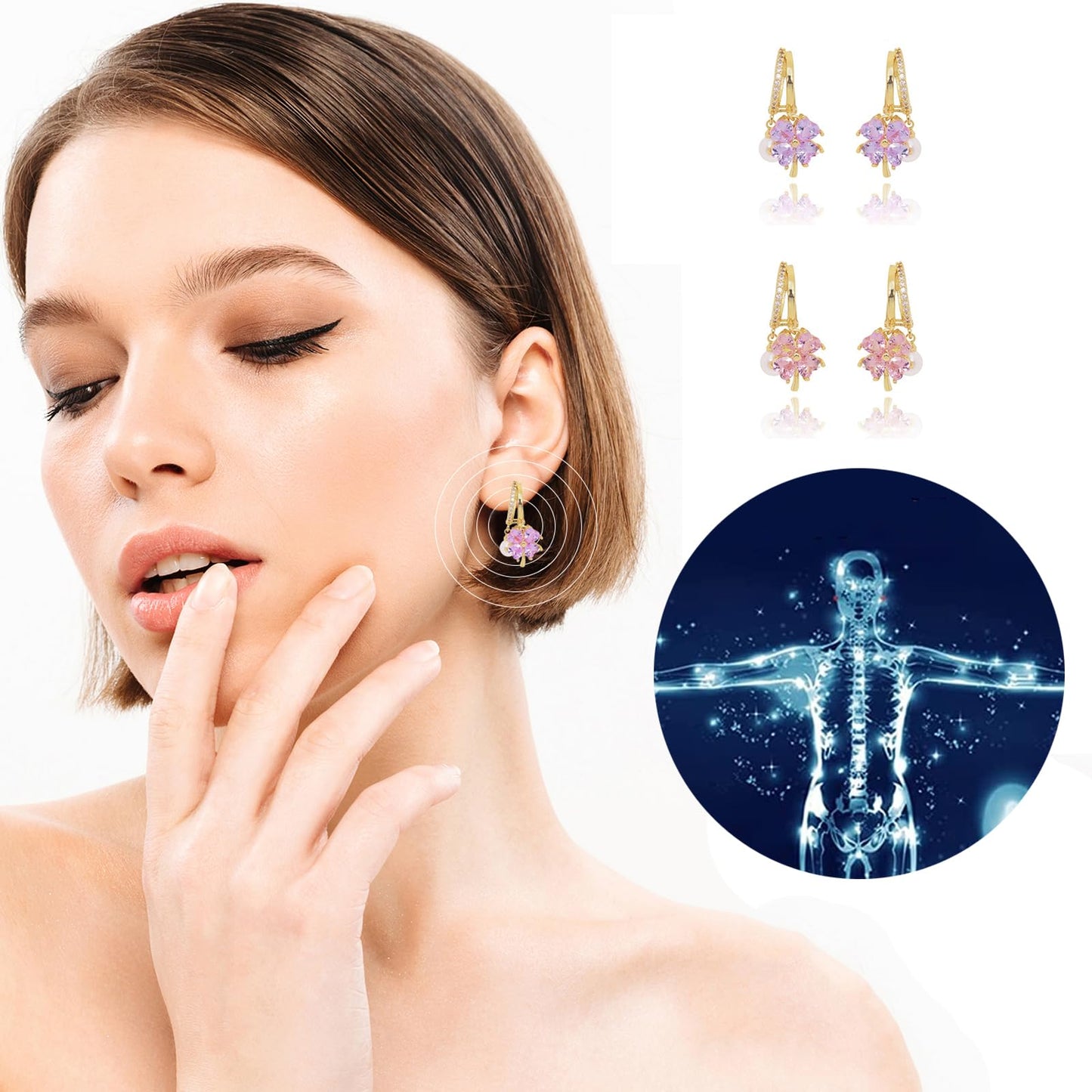 3 Pairs Lymphvity Therapy Germanium Earrings Lymphatic Drainage Earrings Acupuncture Earrings for Women Rhinestone Flower Hoop Earrings(A)