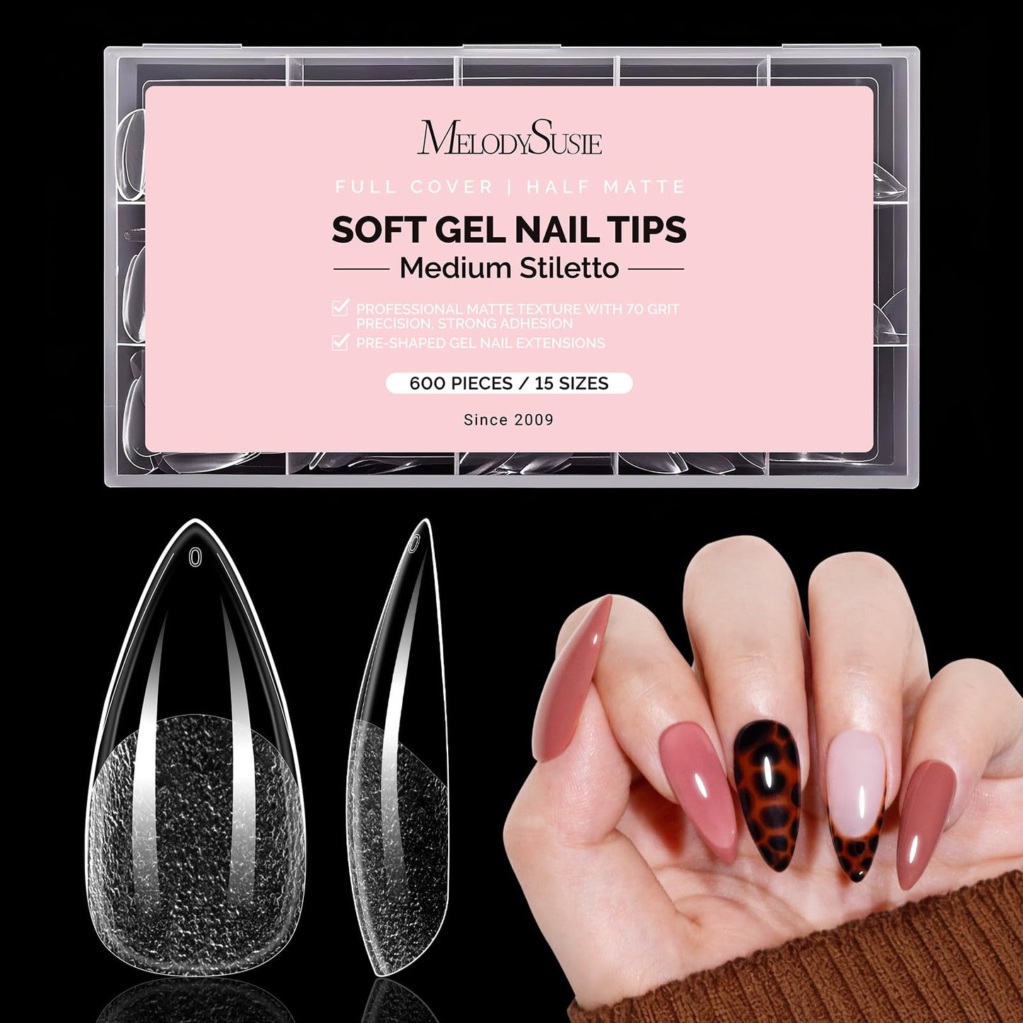 MelodySusie Medium Almond Stiletto X Nail Tips - 600Pcs 15 Sizes Clear Acrylic, Half Matte Full Cover Press on Nails for DIY Extension & Salon Use, Pre-Shaped for Long-Lasting Manicure