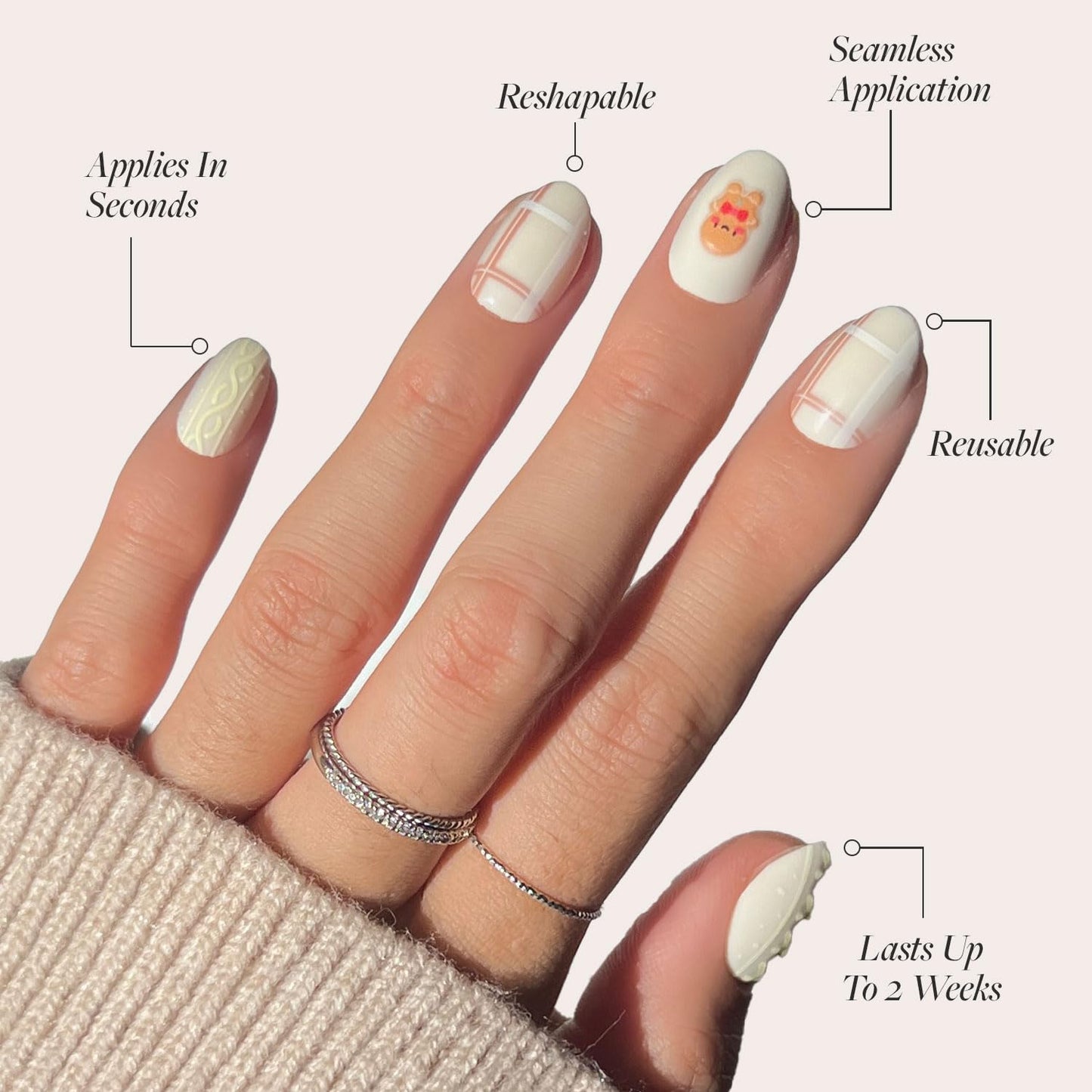 Glamnetic Press On Nails – Gingerbread Knit | Short Oval Fake Nails with 3D Gingerbread Sweater Design, Glossy & Matte Finish, Salon Quality Holiday Nails | 15 Sizes, 30 Nail Kit