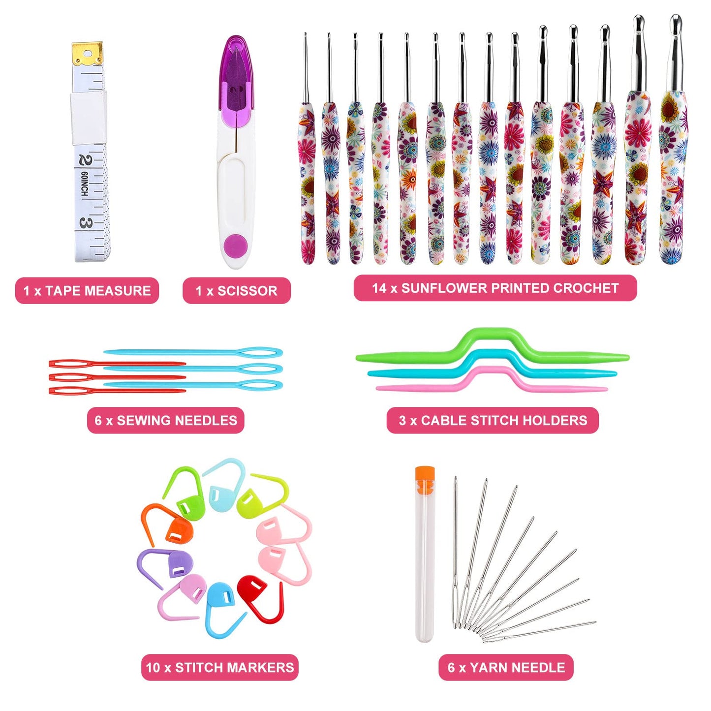 Looen Crochet Hooks Set, 14 Sizes 2.25mm(B)-10mm(N) Ergonomic Handle for Arthritic Hands, Soft Rubber Grip Knitting Needles Kit for Crochet Beginners, Knitting Enthusiasts(Purple)