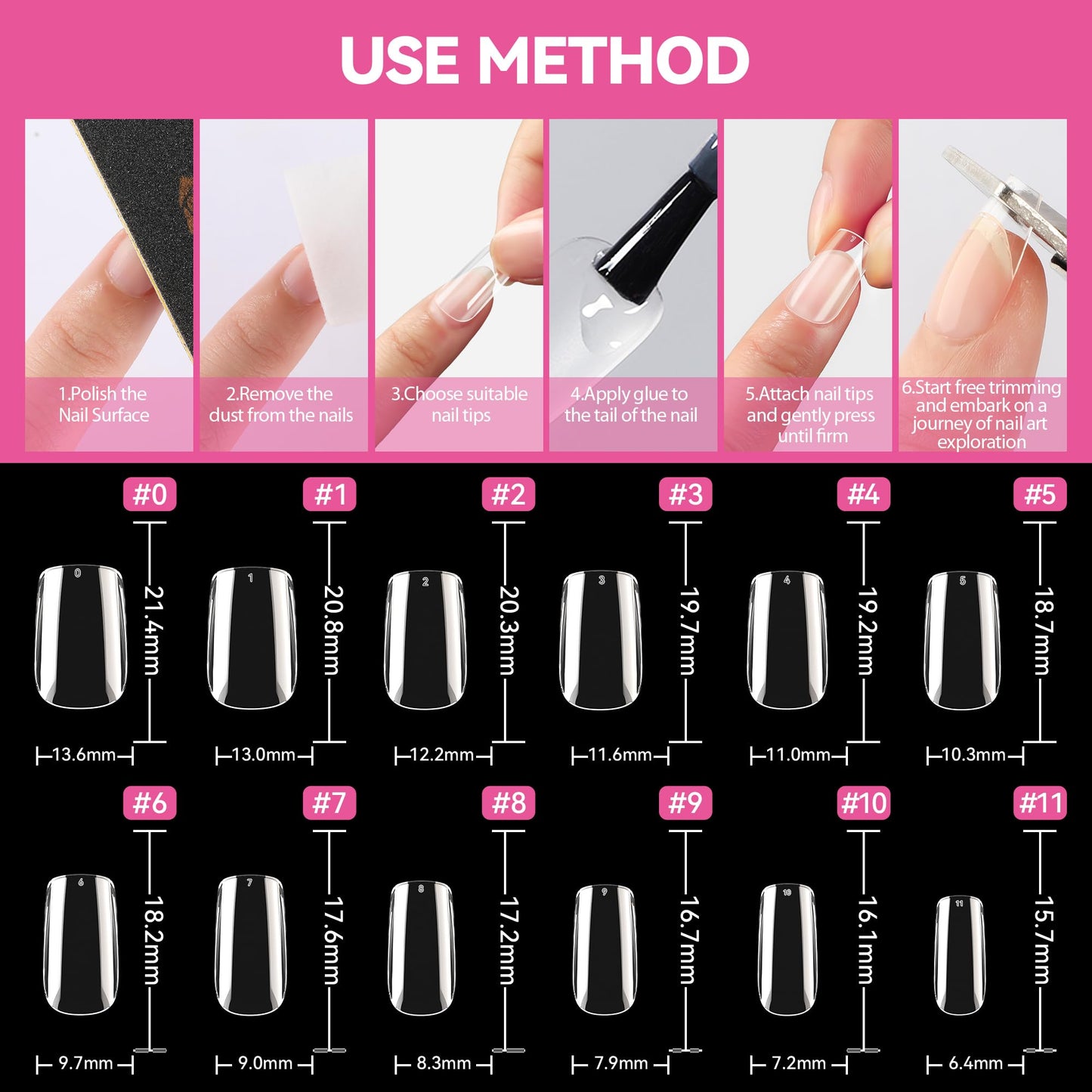 UNA GELLA Short Square Nail Tips 504pcs Square Gel Nail Tips 12 Sizes Full Cover Clear Press On Nails Fake Nails Extension for Home DIY Salon