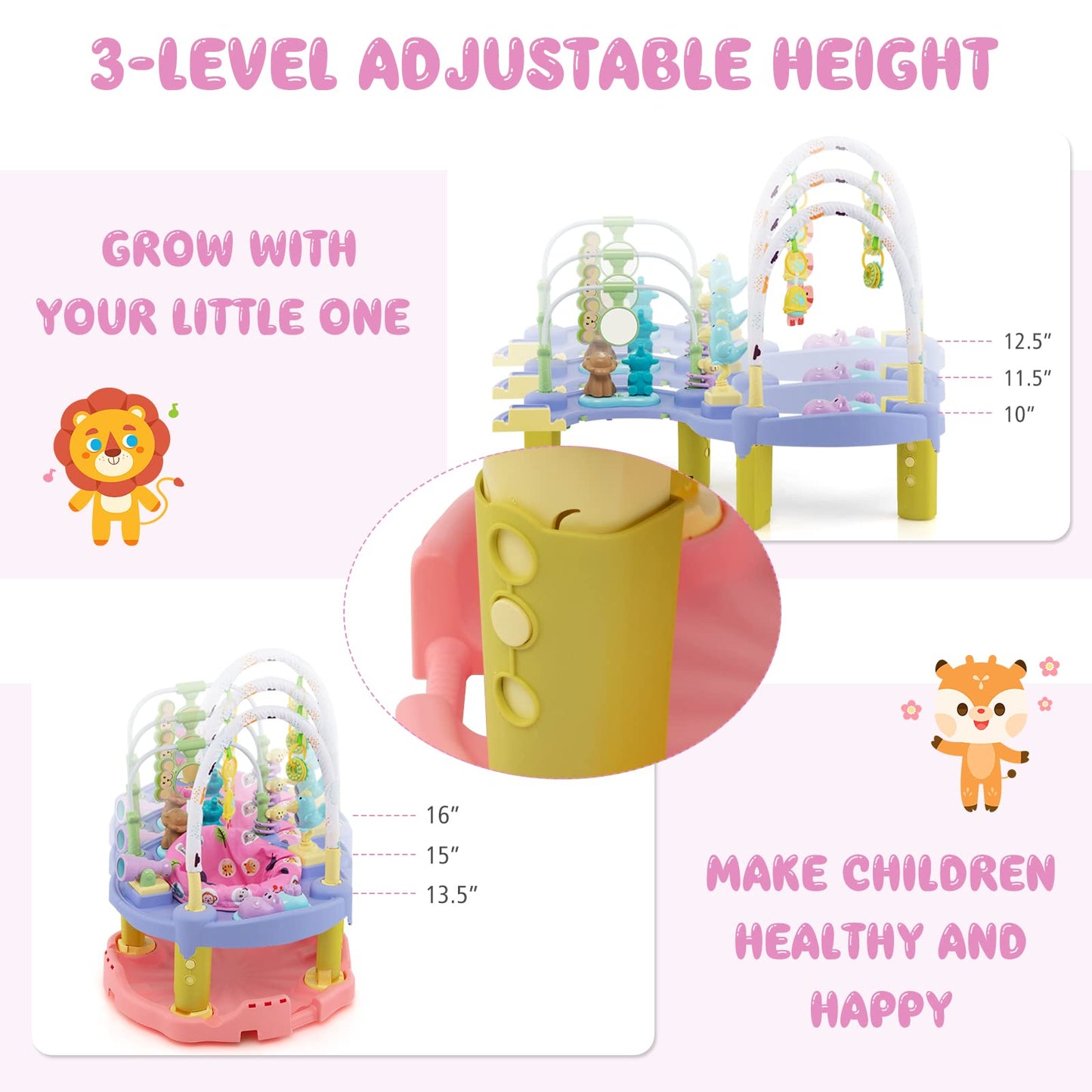 BABY JOY Baby Bouncer Activity Center, 3 in 1 Activity Center & Table | Infant Play Mat, Bouncing Activity Saucer w/Music, 3 Adjustable Height, 360° Seat for Babies 0-24 Months (Pink)