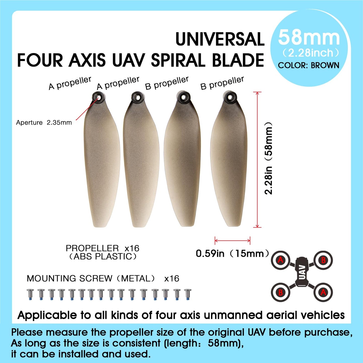 mcokoe Universal 58mm/2.28In Drone Propellers for E88、E25、K911、S115、S119、A17、S132、F167、X28、X26、L106 Models - Replacement Drone Accessories with Stable and Low-Noise Operation 16-Pack (Gray)
