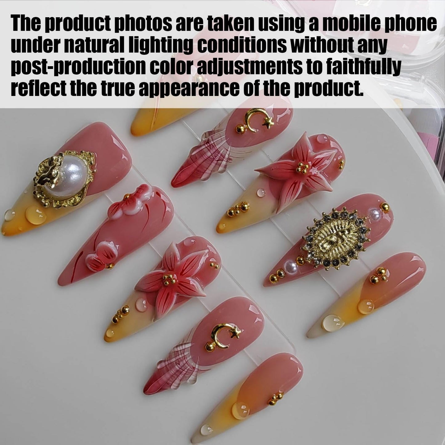 Gleamrain Pink Handmade Press on Nails Long Almond False Nails with French Tips and Shell and 3d Flower Luxury Professional Nail for Women 10pcs Pattern 27