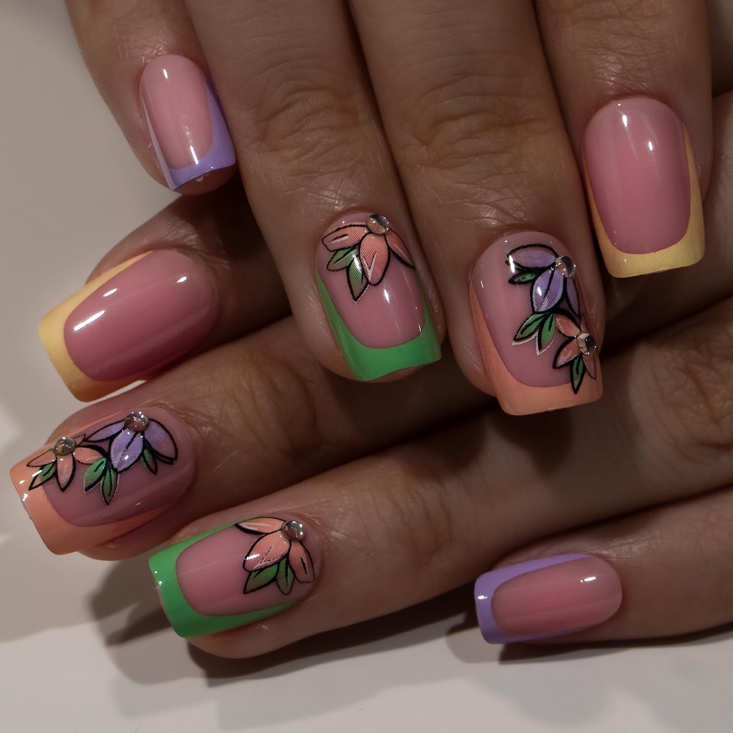Curvlife Press on Nails Acrylic Fake Nails with Rainbow Flower French Design Full Cover False Nails Reusable Nail Kit with Glue on Nails Tips