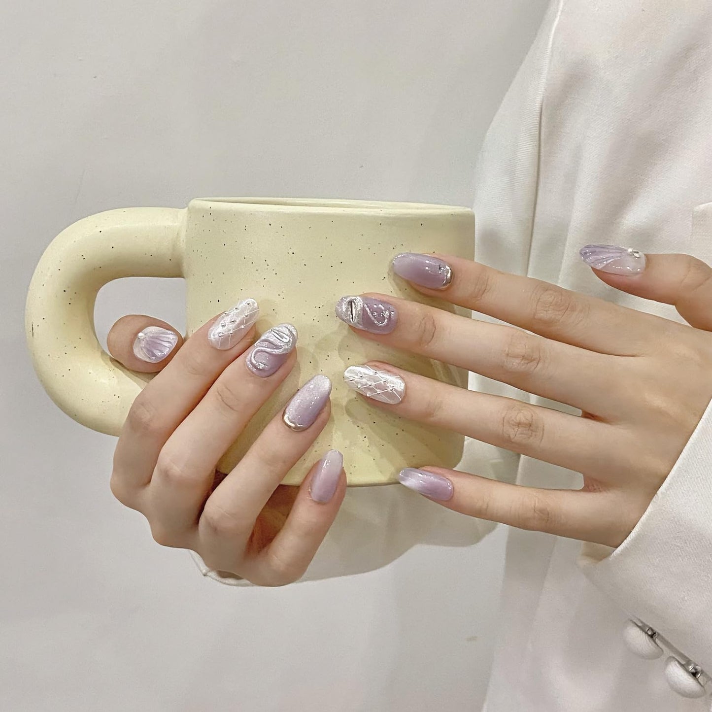NLSJMP Handmade Nails Press on,Luxury glitter pearl purple white silver rhinestone Design Nail Art Kit,Acrylic Fake Nails Kit,Reusable False nails,Include Toolkit,10pcs,Size M，#1991