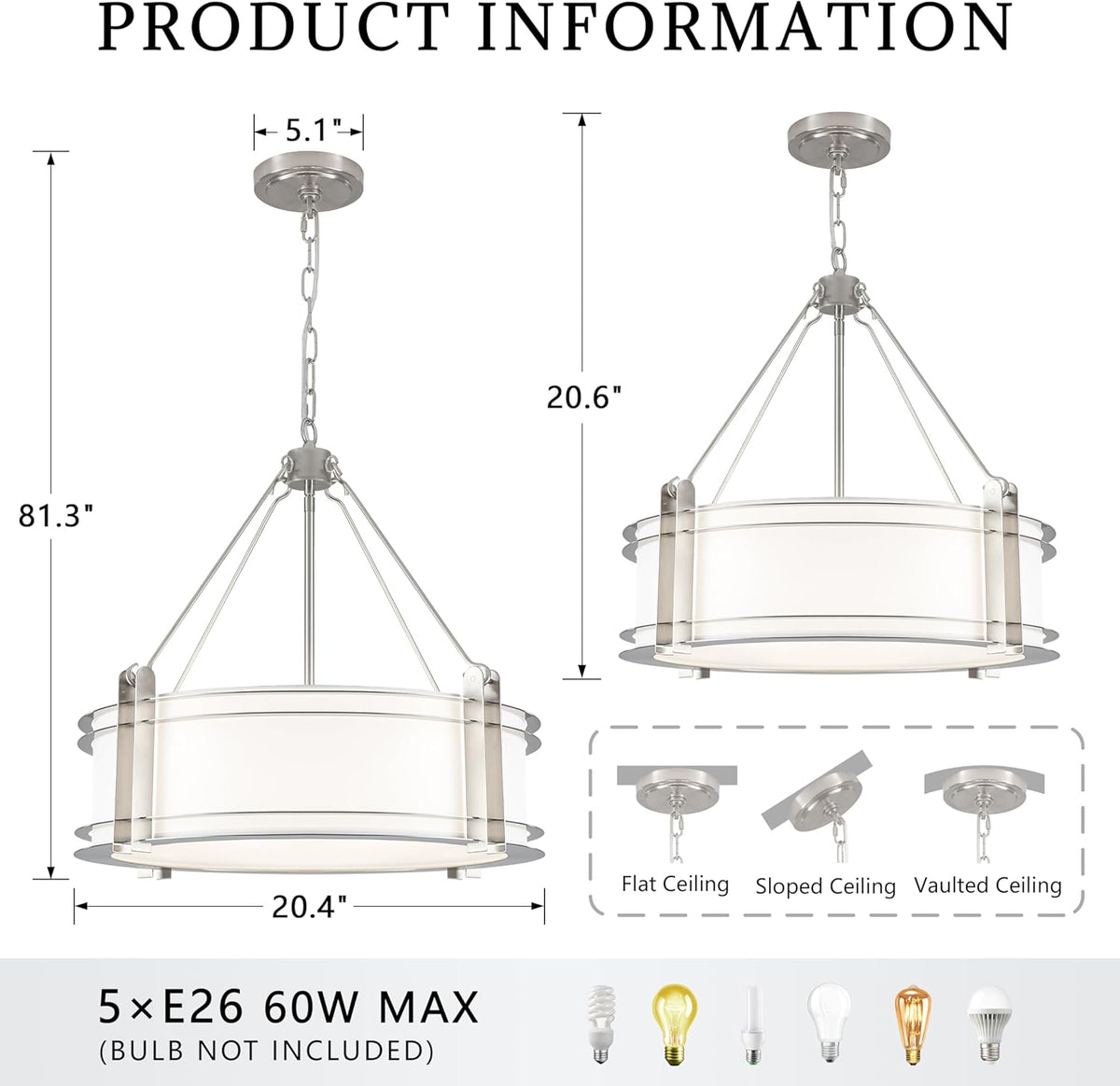 20.4''Drum Chandelier,5-Light Brushed Nickel Modern White Fabric Chandeliers,Farmhouse Round Pendant Light Fixture for Dining Room Kitchen Island Living Room Bedroom Hallway