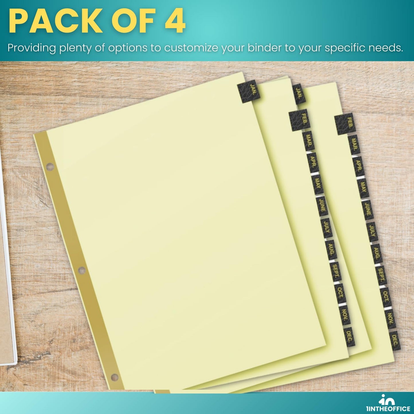 1InTheOffice Monthly Tab Dividers, Month Tabs for 3 Ring Binder, Monthly Leather Dividers, 12-Tab, Black, (4 Pack)