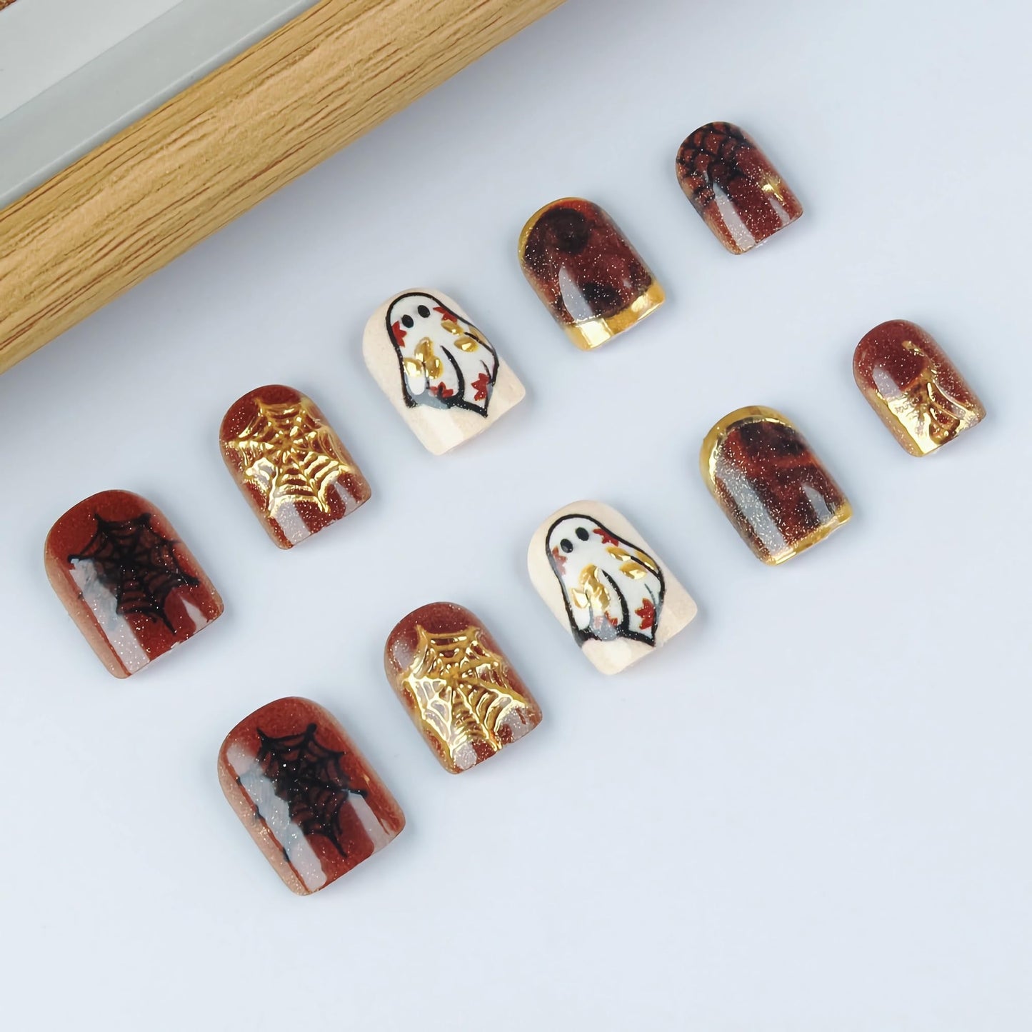 BABALAL Brown Press on Short Artificial Nails 24pcs Acrylic French Tip, Gold Chrome, Fall Tortoise, Horror Ghost Halloween, Square, Spider Web, Gothic, Squoval, Manicure Full Cover