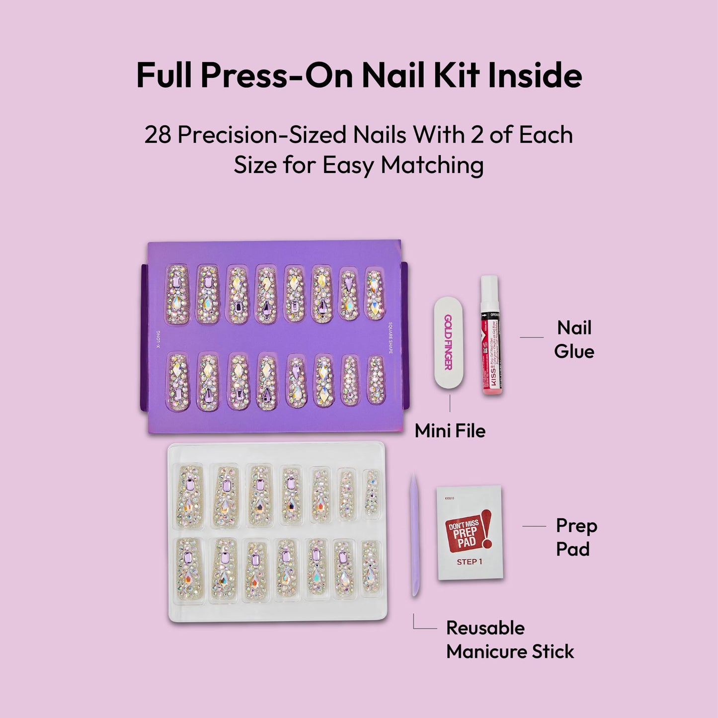 Glitzy 3D Handmade Press On Nail Kit, Multicolor Rhinestone Gem X-Long Square False Nail, Reusable & Lasts Up To 2 Weeks, Seamless Snug Fit Technology, Includes Glue, File & 28Pcs Manicure Set
