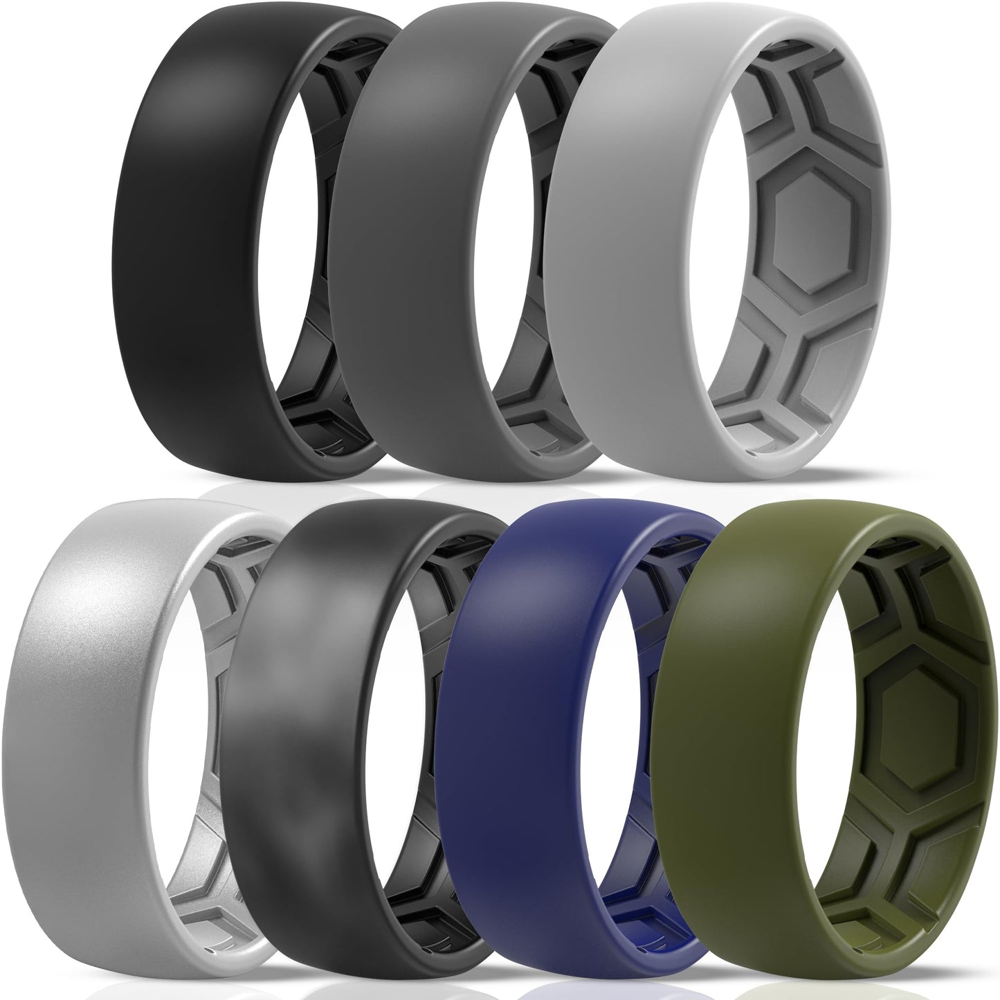 ThunderFit Men's Patterned Silicone Rings, 8mm Wide 2.2mm Thick Rubber Bands,Variety Multipack 1,4,7