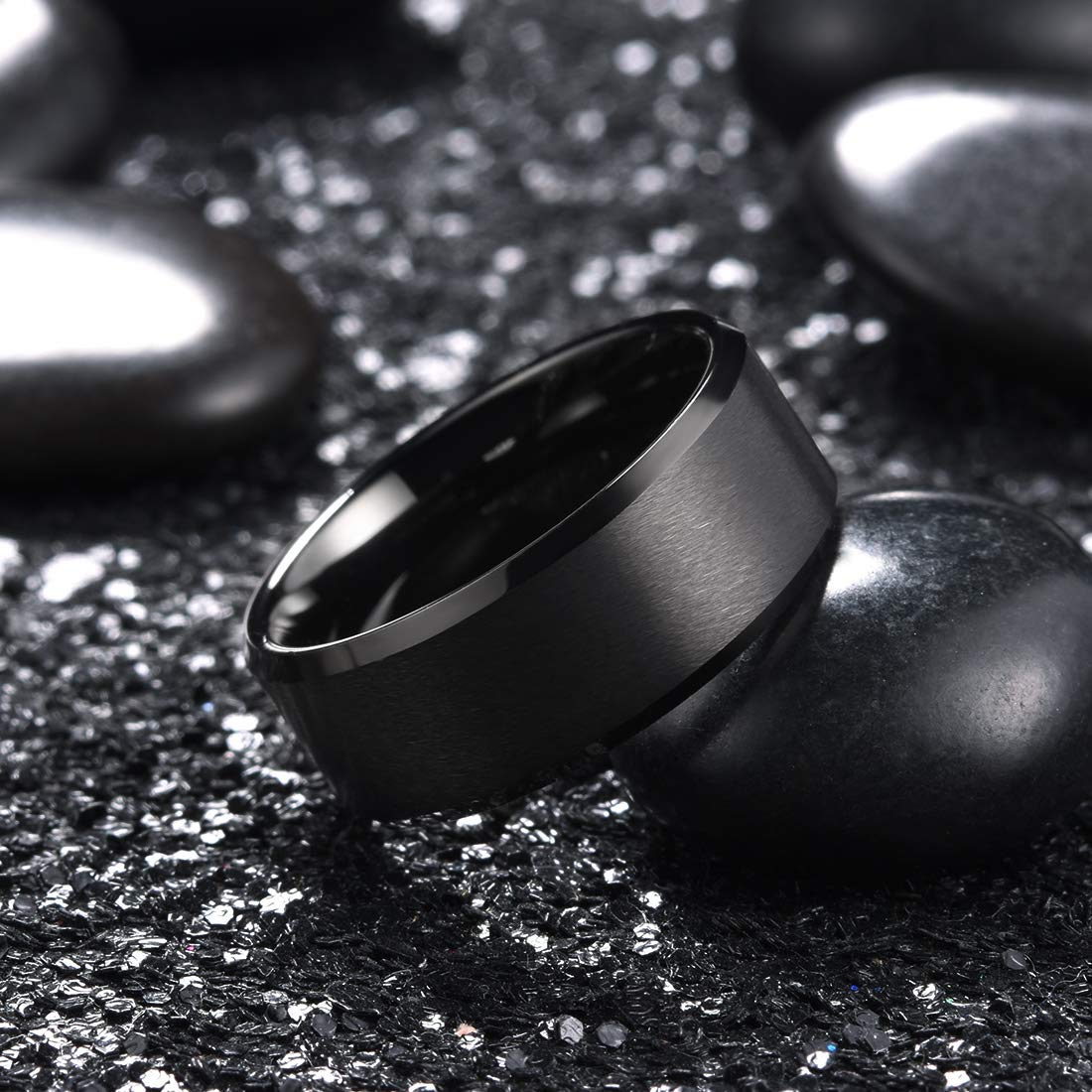 King Will 9mm Men's Black Wedding Ring - Brushed Matte Surface, Beveled Polished Edge, Comfort Fit Size 9.5
