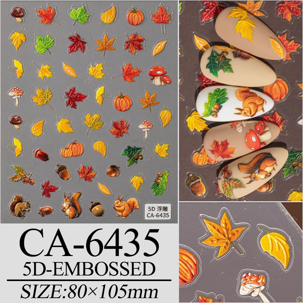 Fall Nail Stickers 5D Embossed 3D Self-Adhesive Maple Leaves Nail Art Stickers Mushroom Nail Designs Cute Squirrel Nails Decal Pine Cone Pumpkin Nails Supplies for Women DIY Acrylic Nails 4 Sheets