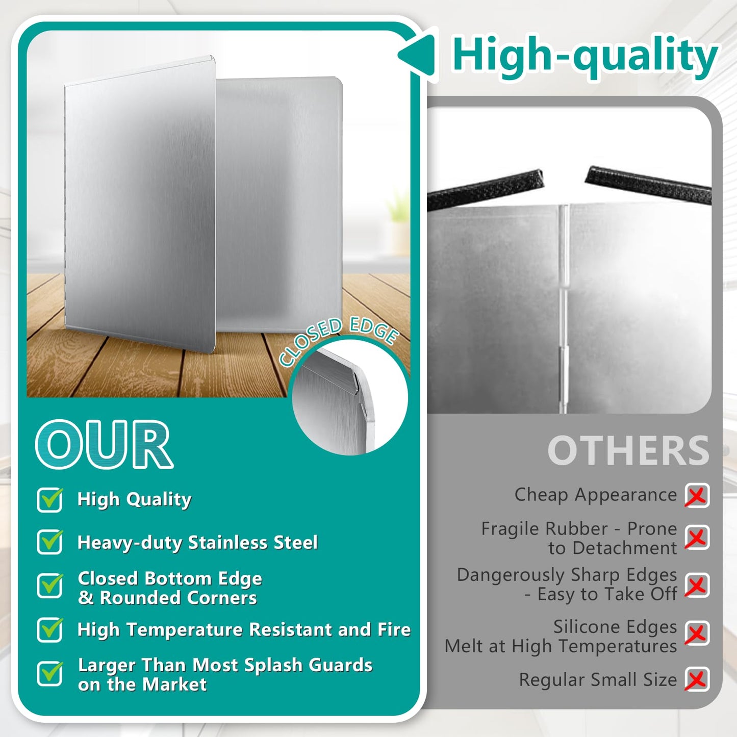 18"x16" Stove Splash Guard 2 Pack, Foldable Stainless Steel Backsplash, Heat Insulation Oil Splash Protector with Edge Guard for Kitchen Countertop
