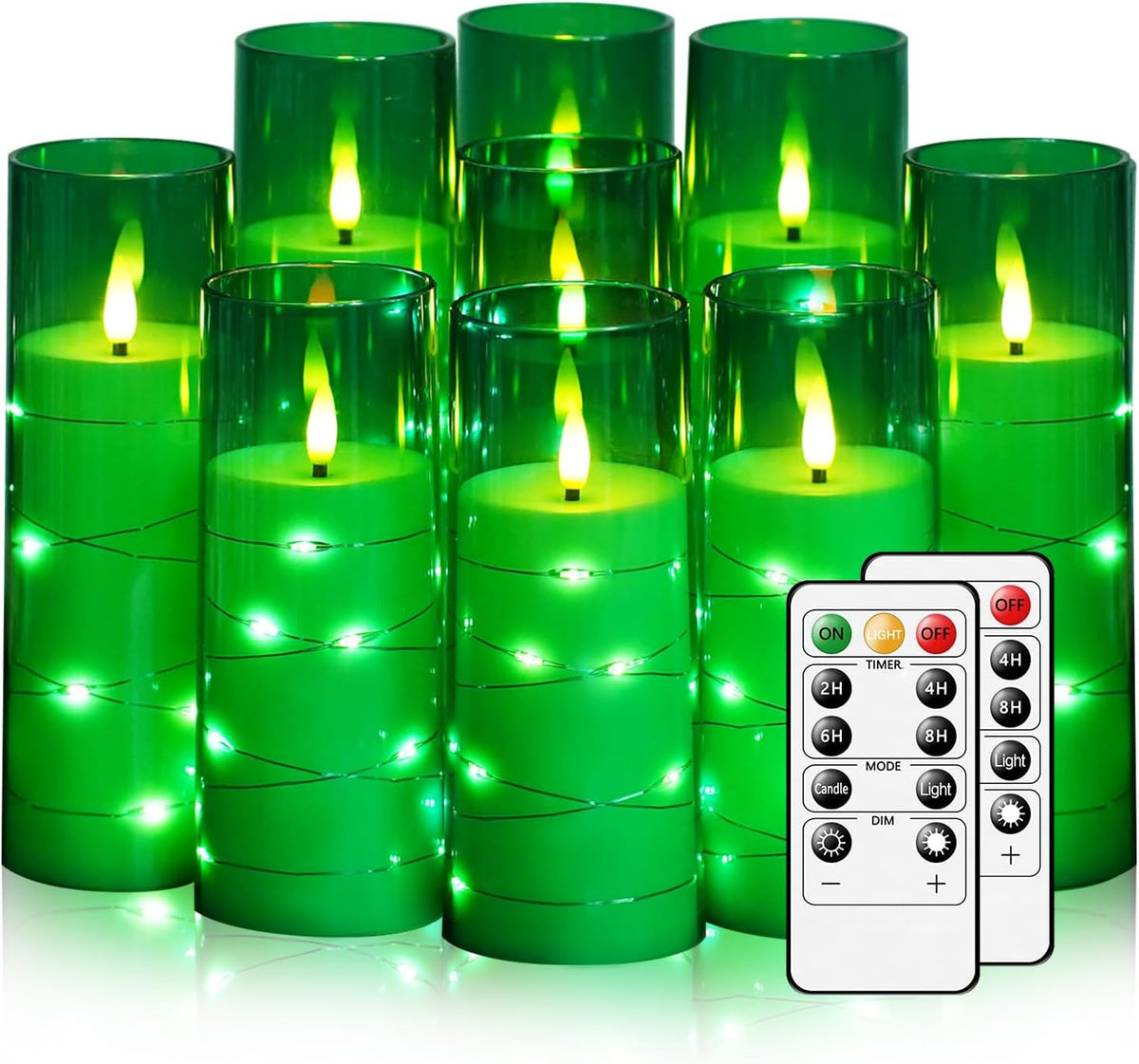 Flickering Flameless LED Candles,Battery Operated Candles 9 Pcs with Embedded Star String,Acrylic LED Pillar Candles with Remote,Suitable for Home Decoration to Create an Atmosphere (Green)