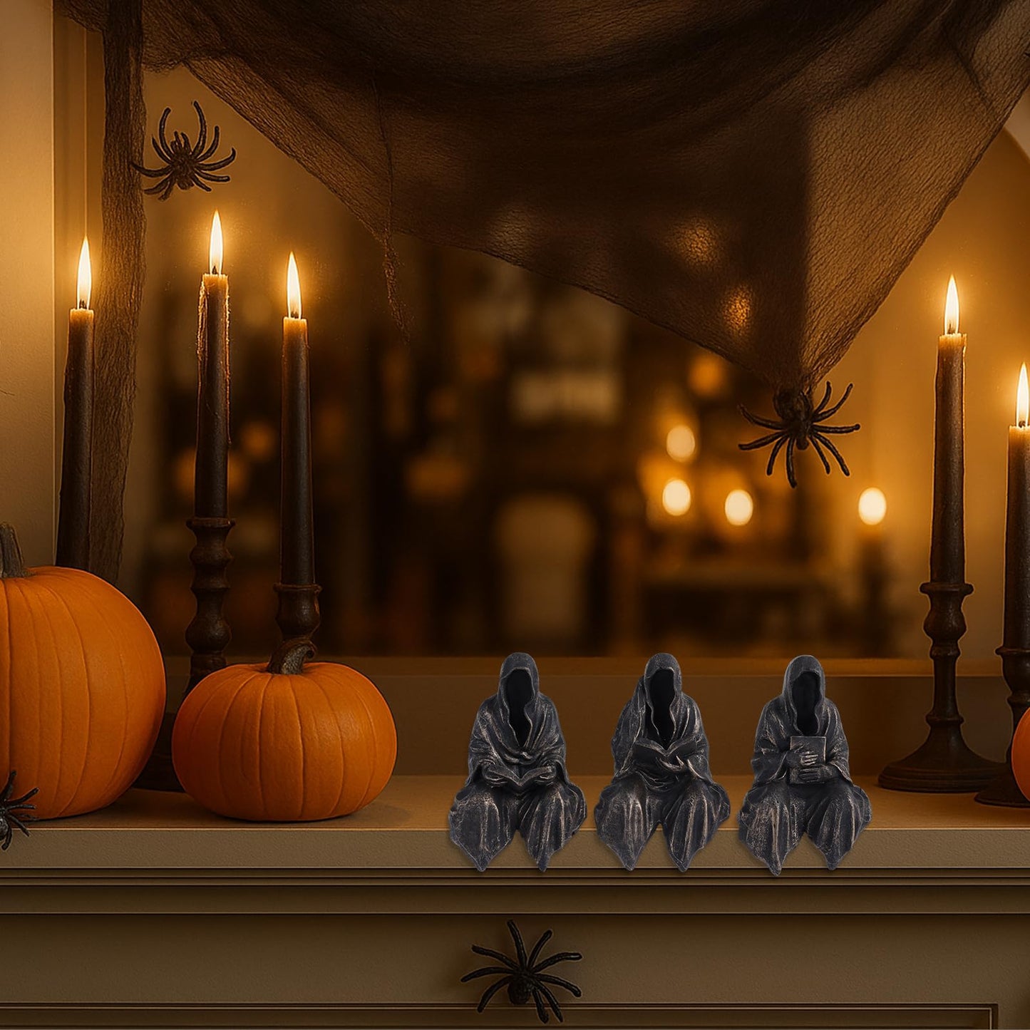 2.95" Mini Reading Statue Bookshelf Figure Set of 3,Gothic Grim Reaper Statue,Mystery Reading Figurines Sitting Sculpture for Bookshelf Decor Fantasy,Halloween Trinkets Dark Academia Decor Aesthetic