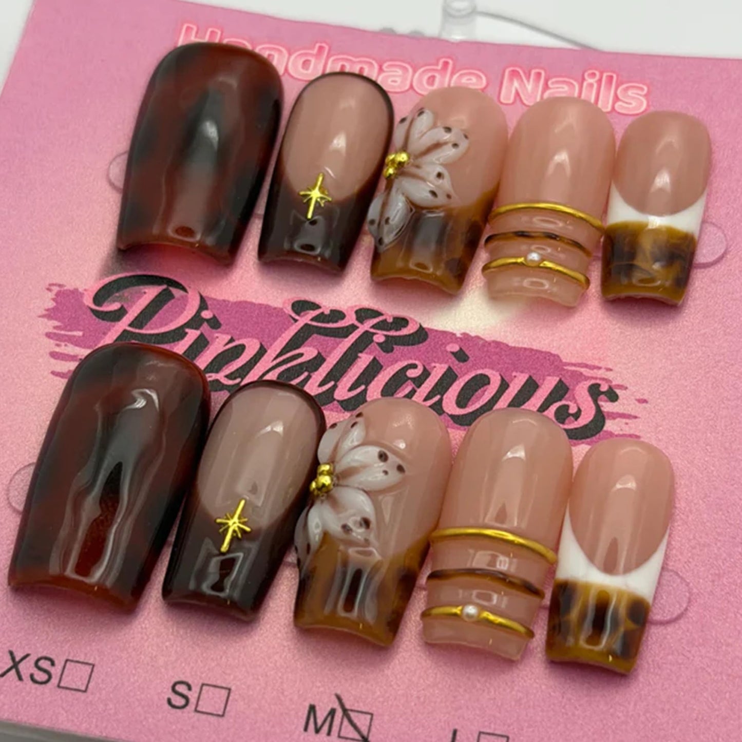 Press On Nails 10-Pack | 25mm Acrylic/UV Gel Nails | Tortoiseshell & Nude Design with Gold Accents | Reusable False Nails for Daily & Special Occasions (amber, S)