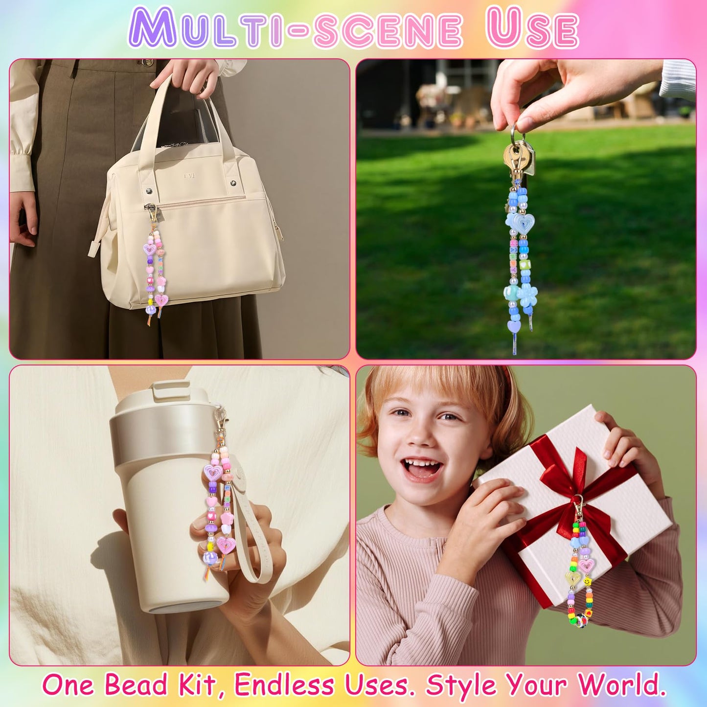 Hysagtek Beaded Keychain Making Kit - 422 Pcs DIY Beaded Bag Charm Kit Acrylic Luminous Letter Alphabet Star Flower Heart Beads Key Chain Making Kit Jewelry Supplies Crafts for Women
