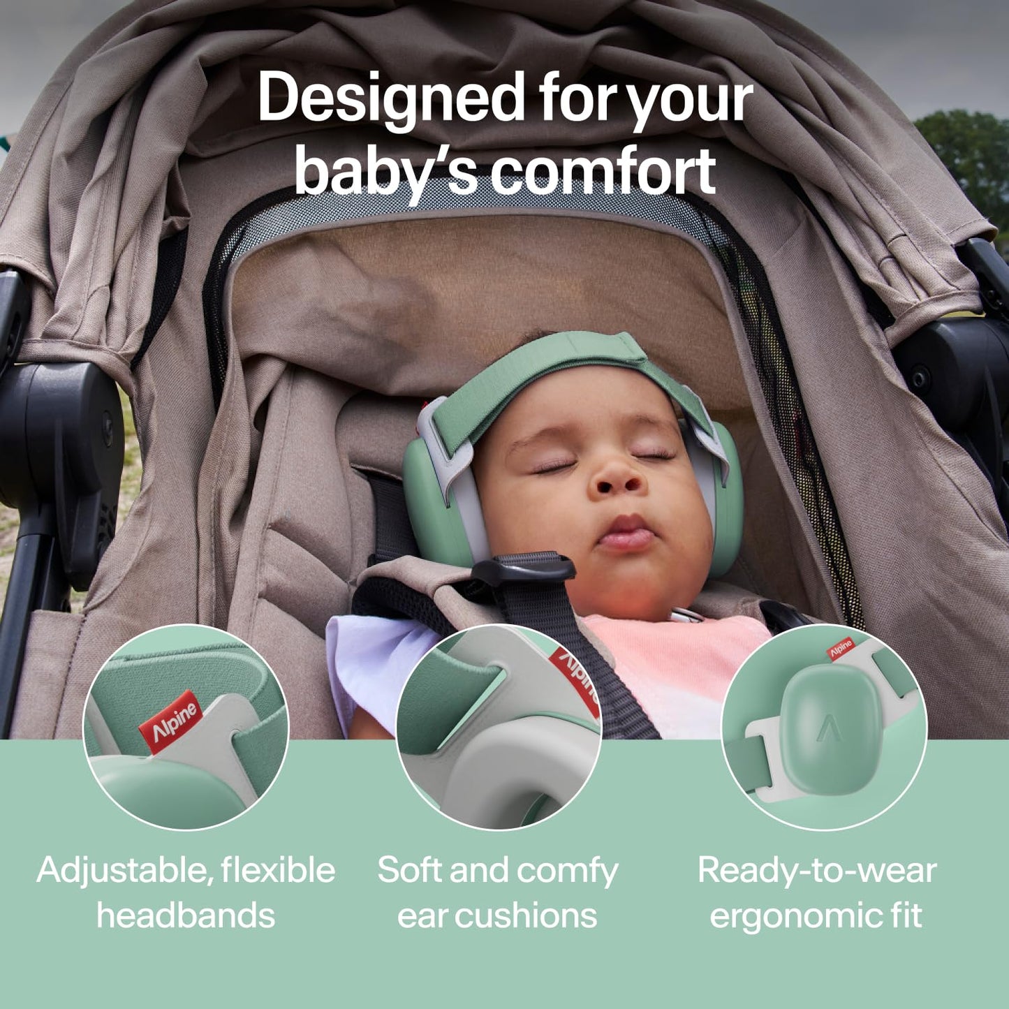 Alpine Muffy Baby Comfort - Protects Hearing for Babies and Toddlers - CE & ANSI Certified - Headband for Safe fit & Comfort - Adjustable for Ages 3-48 Months - 24dB Sound Reduction, Green