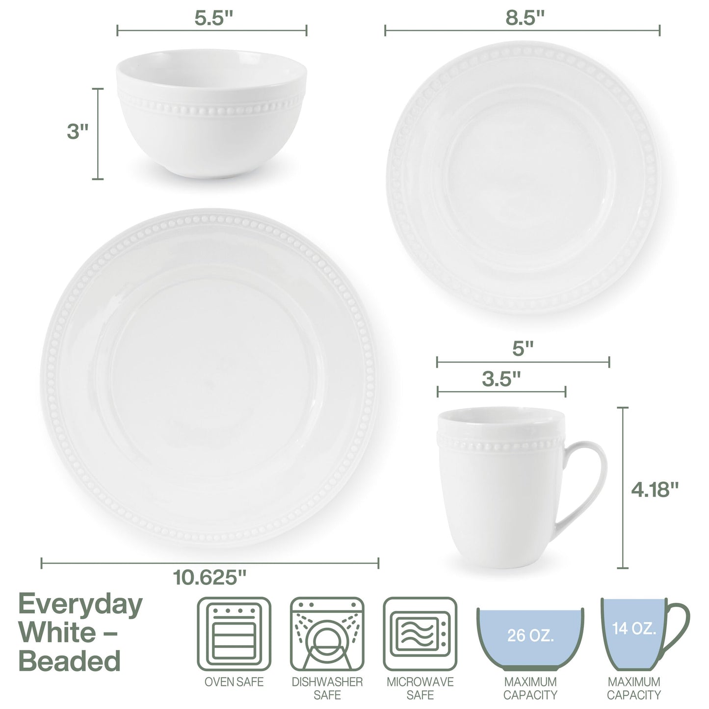 Everyday White by Fitz and Floyd, Beaded 16 Piece Dinnerware Set, Service for 4