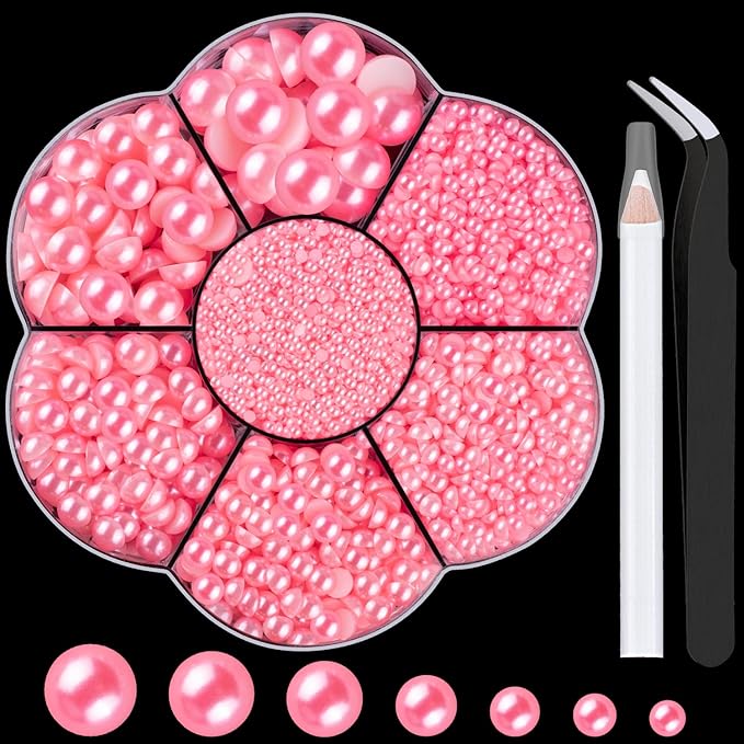 Nail Art Flat Back Half Round Pearl Kits 12, 1 Box of 6000 Pcs Flat-Back Pink Pearl with Tweezer and Picker Pencil for Home DIY Nails Body Face Craft and Salon Use