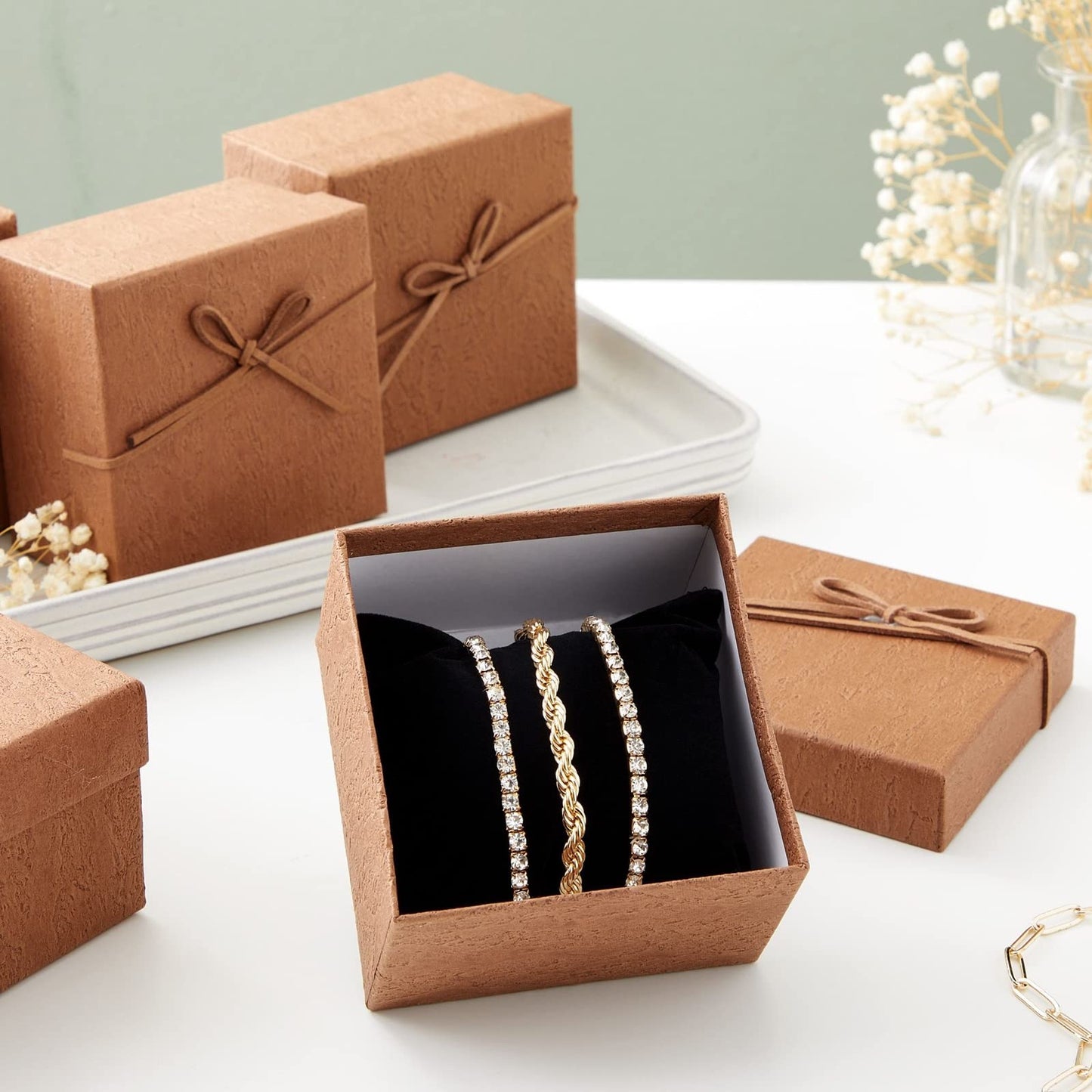 Juvale Bracelet Gift Box 6-Pack - 3.5 x 3.5 x 2.3 in, Brown Country-Rustic Cardboard - Velvet Pillow & Faux Leather Bow Lid - Tiny Jewelry Gift Boxes & Watch Packaging