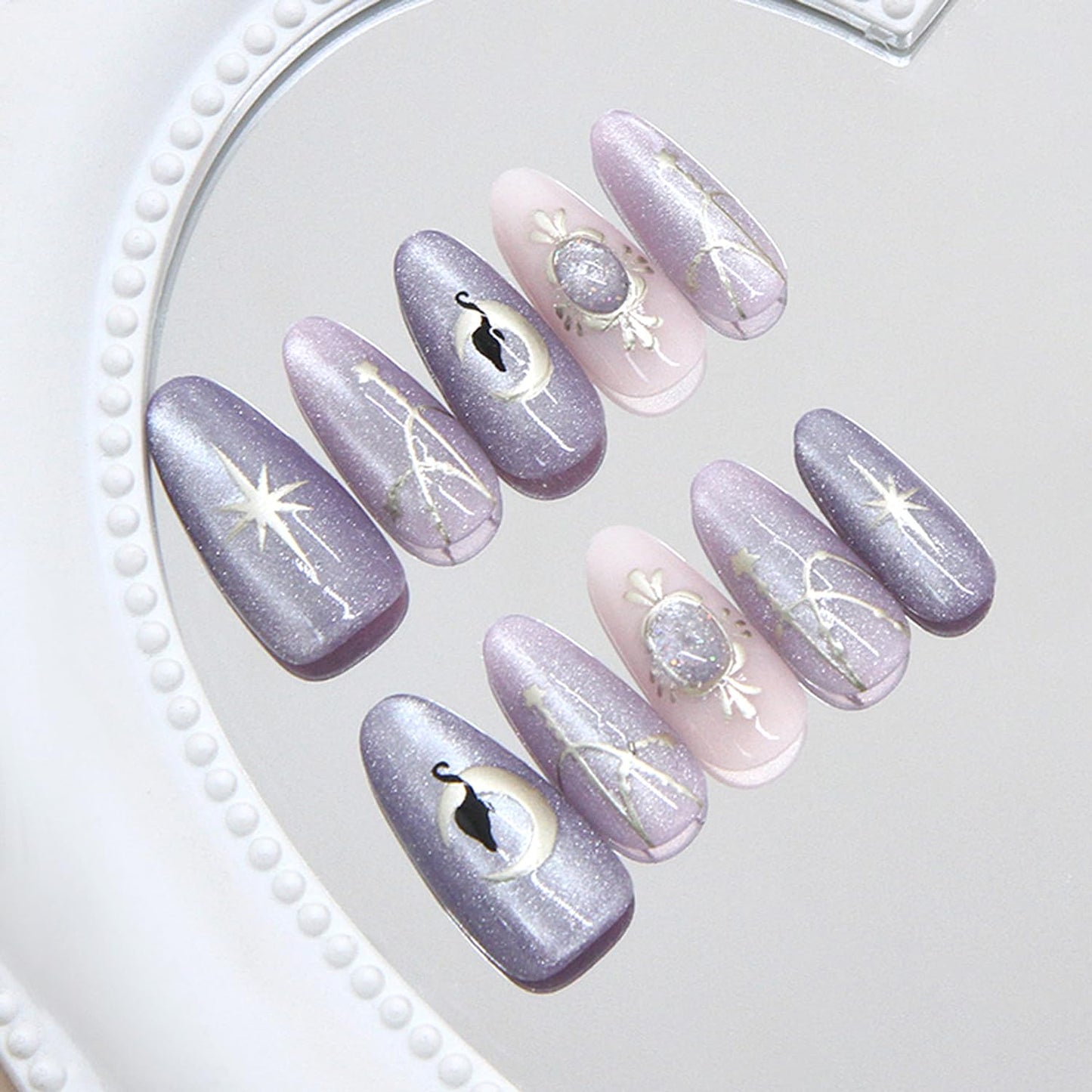 30Pcs Medium Almond Press on Nails Purple Magnetic Shimmer Designs Fake Nails Gold Star Moon False Nails Gold Irregular Lines Artificial Stick on Nails Glossy Full Cover Acrylic Glue on Nail for Women