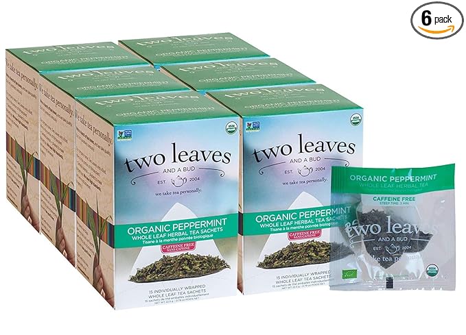 Two Leaves and a Bud Organic Peppermint Tea Bags, Naturally Caffeine Free, Herbal Whole Leaf Peppermint Tea, 15 Count (Pack of 6)