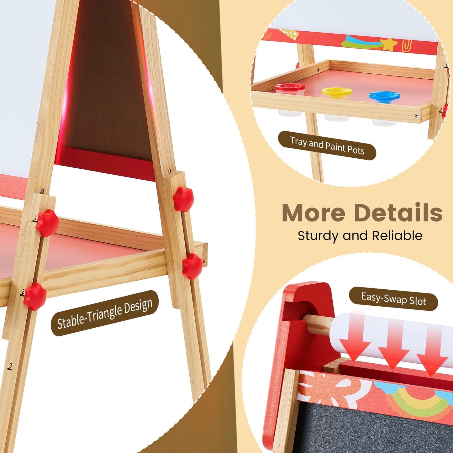 DUMOS Kids Easel Set with Paper Roll, Adjustable Height Double-Sided Magnetic Chalkboard & Whiteboard Art Station for Ages 3+, Dry Erase Board, Gift for Girls and Boys, Red