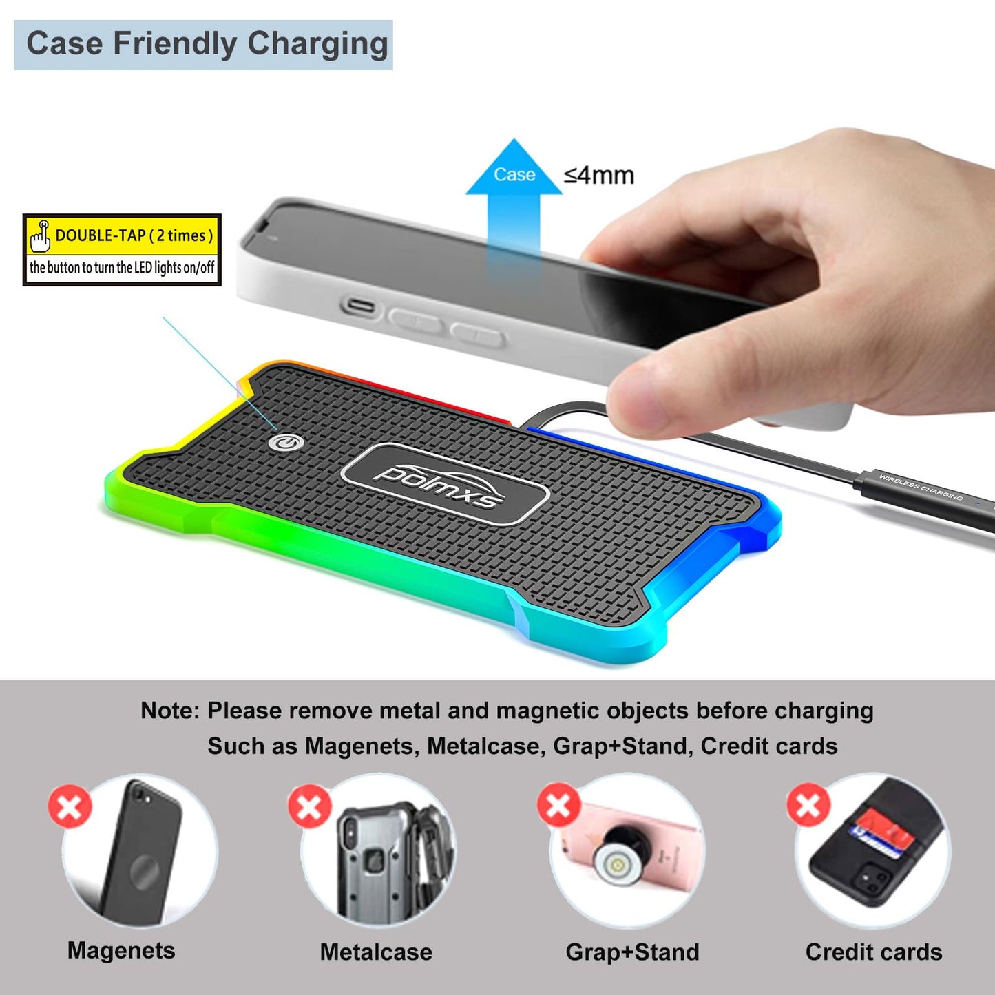 Wireless Charger Car Fast Charging pad, POLMXS Wireless Phone Charger Cell Phone RGB Light up Cordless Charging mat Compatible with iPhone 11/12/12/14/15 Galaxy S21/S22/S23/24 Airpod (C15 PAD)