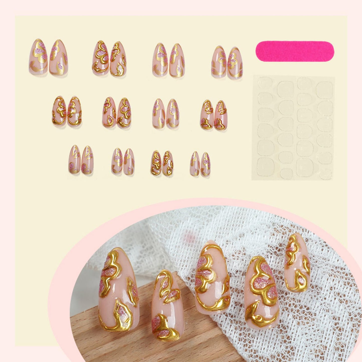 3D Gold Flower Press on Nails 24Pcs Peach Blossom Medium Almond Fake Nails Leaves Gel Glue on Fingernails Glossy Pink Glitter Stick on Nail Acrylic Full Cover False Nail for Holiday Manicure Art