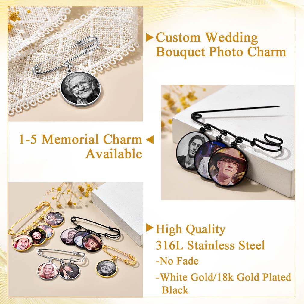 Custom4U Wedding Charms for Bouquet Custom 3 Picutres Customized Photo Pins Round Shaped Memory Charm Funeral Boutonniere
