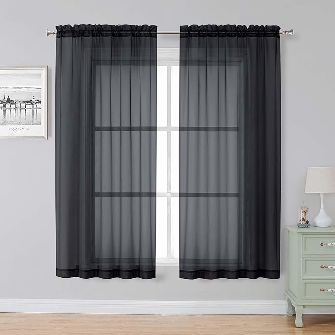 Simplebrand Black Sheer Curtains, 63" Length, 2 Panels Set - Light Filtering, Rod Pocket Window Curtains for Bedroom (Black, 59" W x 63" L)