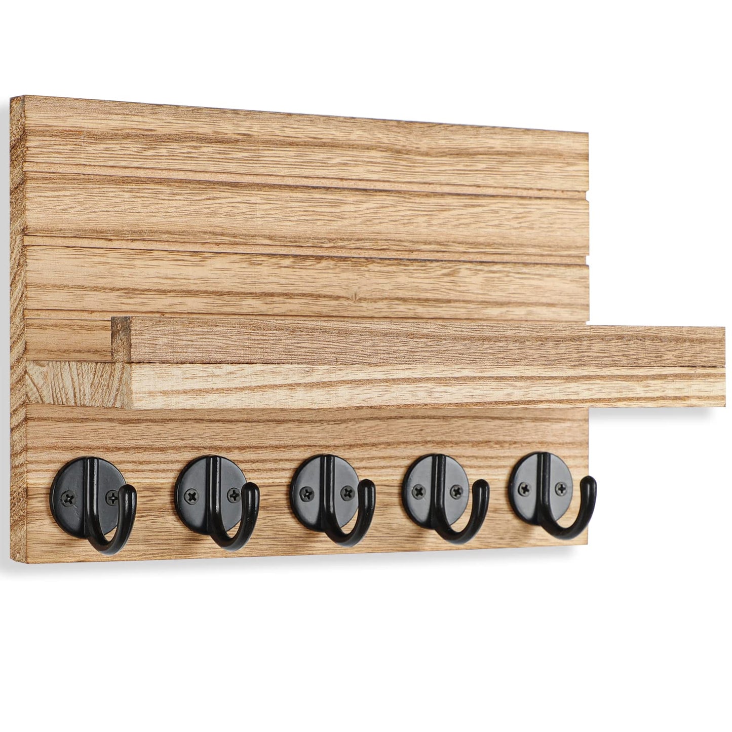 Lwenki Key Holder for Wall, Decorative Key and Mail Holder with Shelf Has Large Key Hooks for Bags, Coats – Paulownia Wood Key Hanger with Mounting Hardware (9.8”W x 6.7”H x 4.2”D) (Burnt Wood)