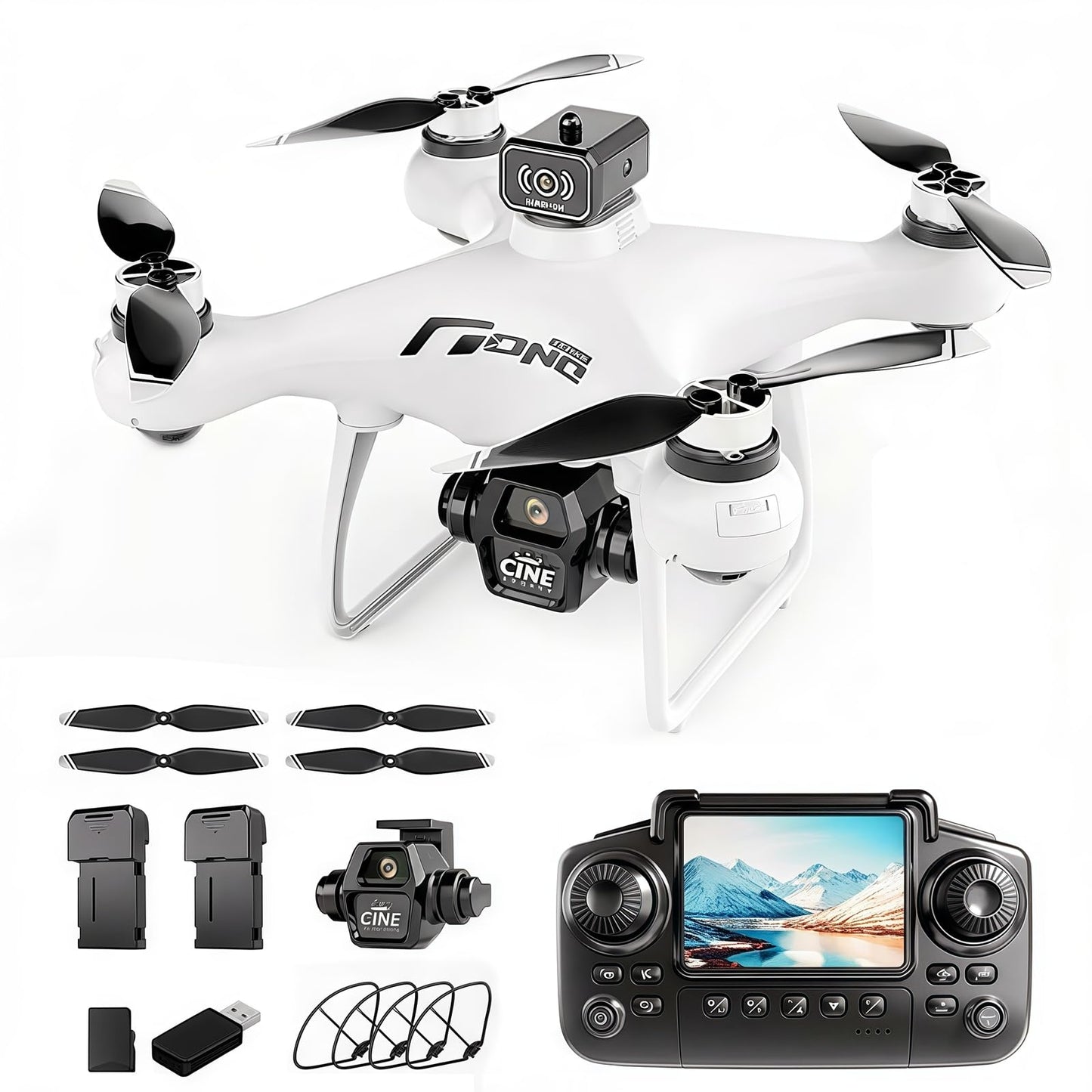 elecci E55 Air Drone with Screen Controller with SD Card, Two-batteries, Optical Flow Positioning, Speed Adjustment Suitable for Beginner. (2 batteries - White)