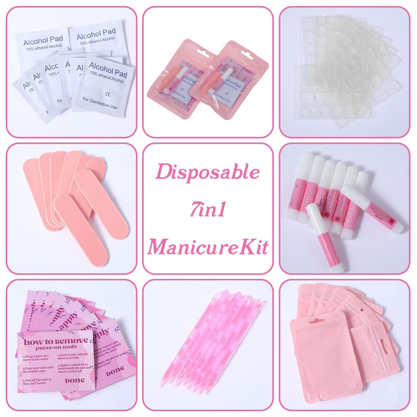100 Set Disposable Nail Supplies Kits, Professional Manicure Press On Nails Tool Kit with Nail File, Adhesive Tabs, Nails Glue, Plastic Sticks, Prep Pads, Bags (Pink)