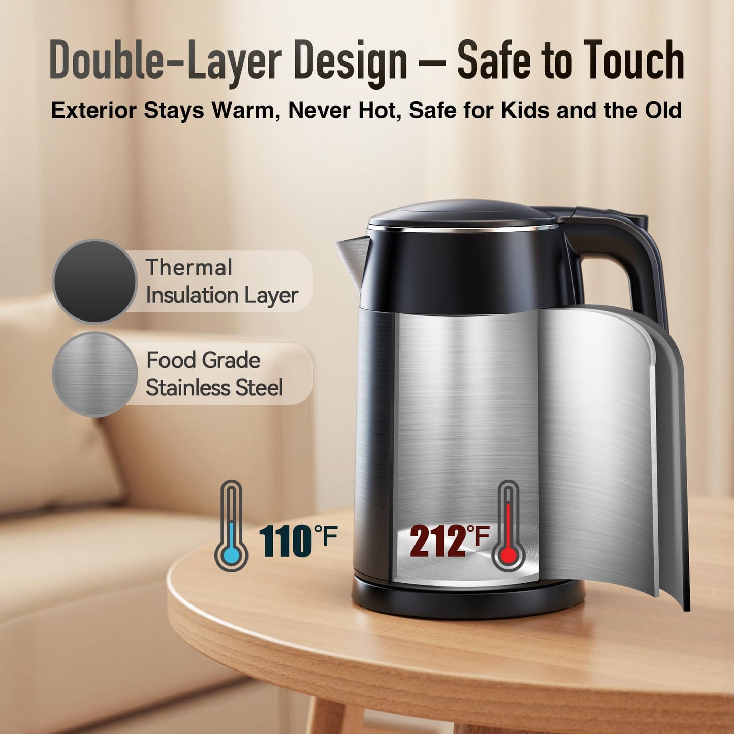 Mecity Electric Kettle 1.7L Touch Screen Temperature Control Water Boiler, No Plastic Contact with Water. 6 Preset Temperature Programs, 2 Hours Keep Warm, Auto Shut Off, Dark Grey