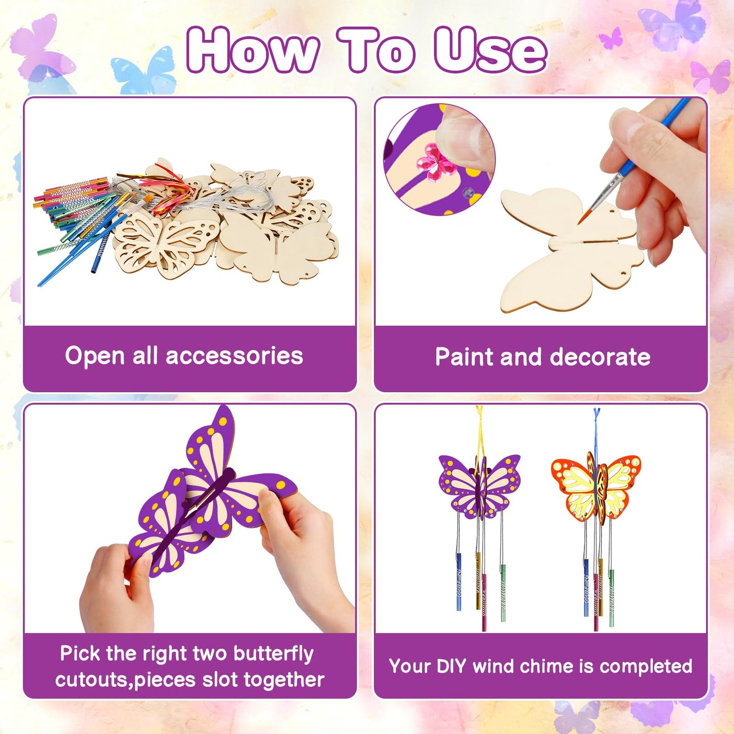 Fennoral 8 Pack 3D Butterfly Wind Chime Kit for Kids Make Your Own Butterfly Wind Chime Wooden Arts and Crafts for Kids DIY to Paint Butterfly Craft for Spring Art Activity Mother's Day Decoration