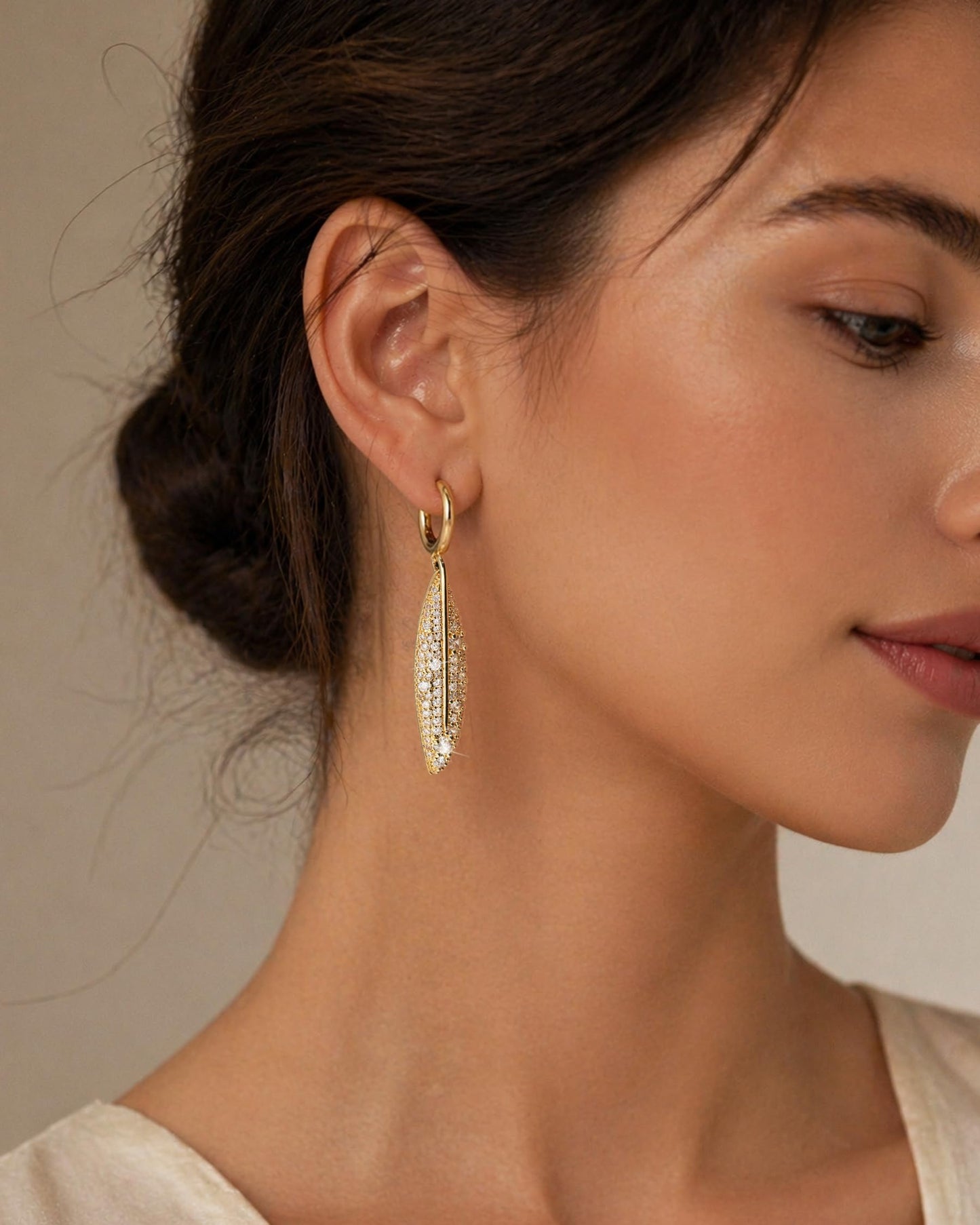 Asdecy Leaf Huggie Hoops Earrings for Women 14K Gold Plated Drop Dangle Cubic Zirconia Elegant Prom Bridal Bridesmaid Wedding Anniversary Dangling Jewelry