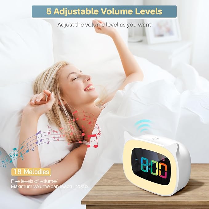 Cute Cat Ear Alarm Clock with RGB 7 Color Night Light,White
