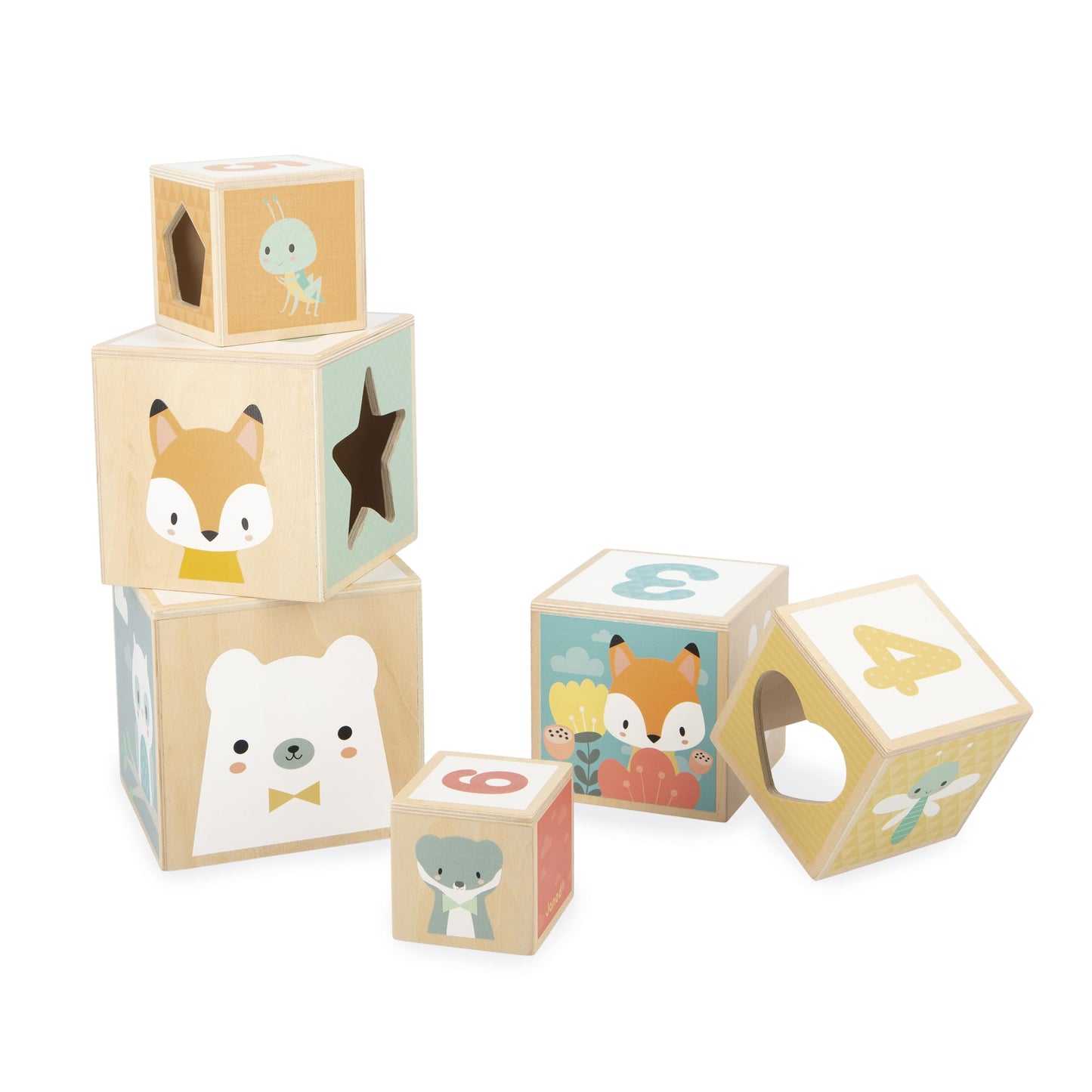Janod J05147 First Wooden Pyramid - 6 Cubes Stacking Toy - Develops Dexterity and Imagination - Early Ages 12 Months from 12 Months, Multi-Coloured