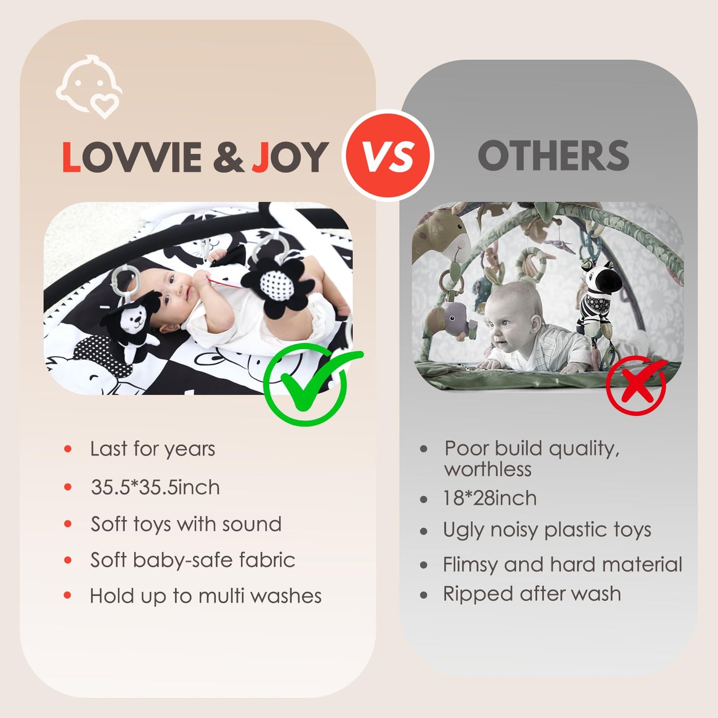 Lovvie & Joy Baby Play Activity Gym Tummy Time Mat for Infant,Baby Gyms & Playmats for Babies 0 to 3 6 9 12 Months with 5 Toys for Early Sensory Exploration and Motor Skill Development