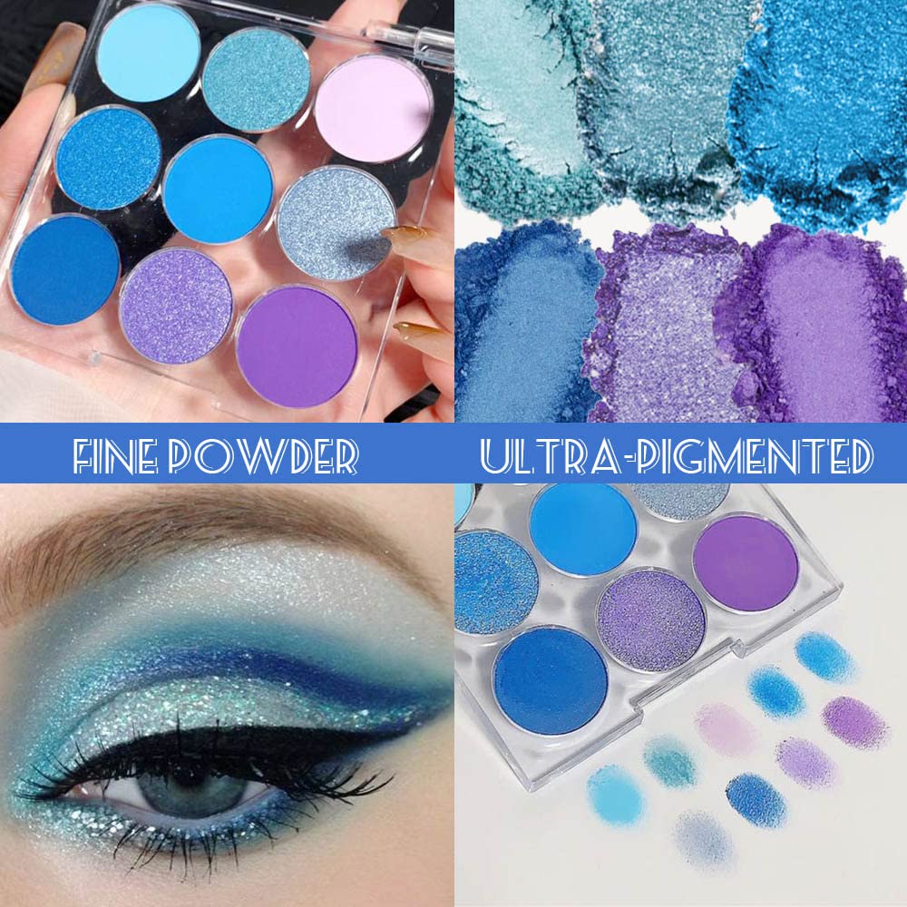 Purple Blue Eyeshadow Palette, Shimmer & Matte Violet Green Powder for Eye Makeup – 9-Color Highly Pigmented Light Dark Blue Pink Shades, Blendable Shiny & Matt