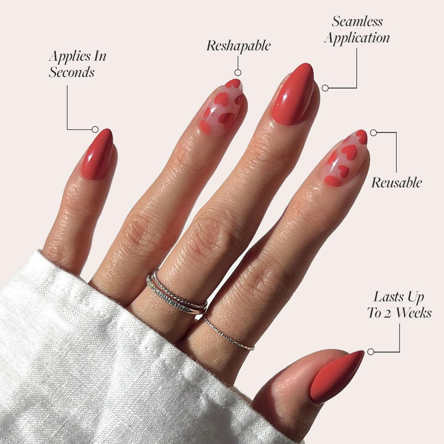 Glamnetic Press On Nails - Love Me | Glossy, Semi-Transparent, Short Almond Red Heart Fake Nails, Salon Quality | 15 Sizes - 30 Nail Kit with Glue