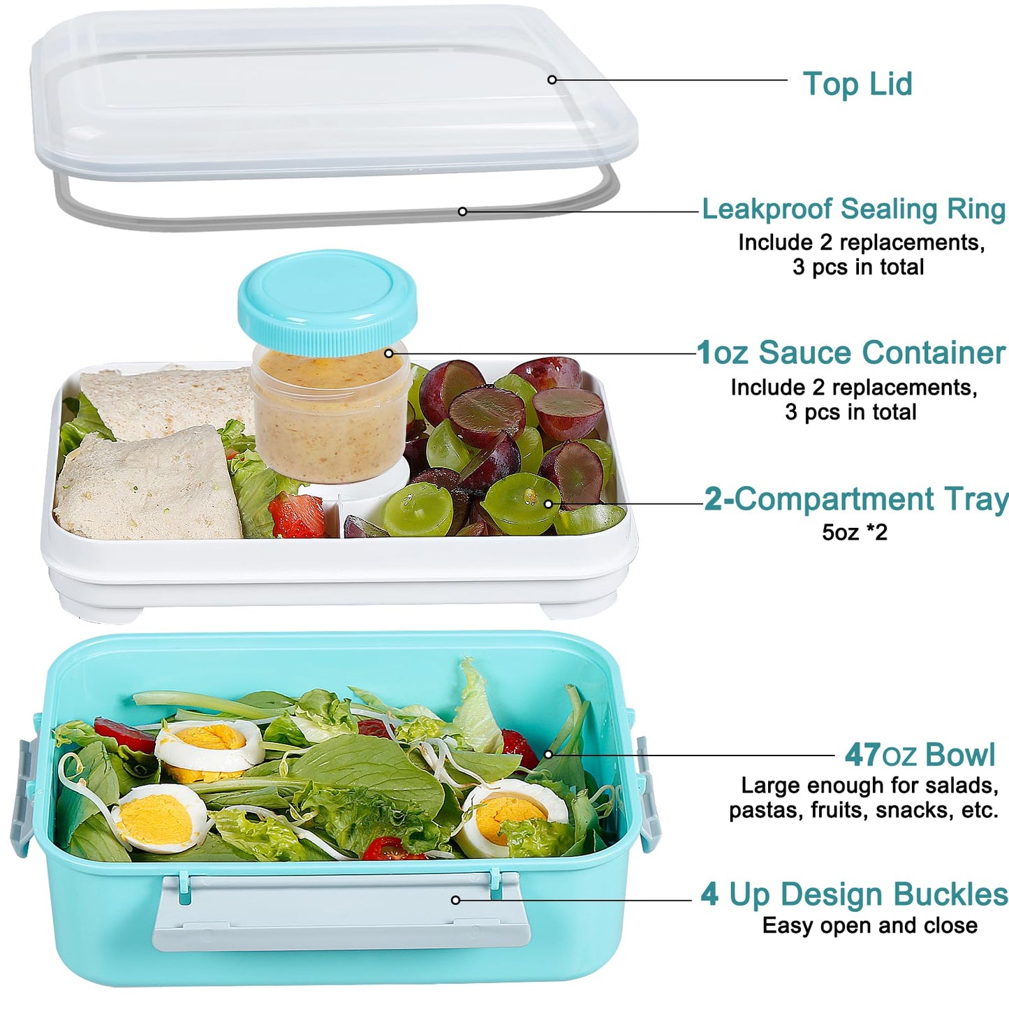 3 Pack Salad Lunch Box Food Storage Containers, 47oz Bento Box To Go Container with Lids, Meal Prep Containers with Removable Tray & Dressing Pots for Kids and Adults, Reusable and Microwave Safe