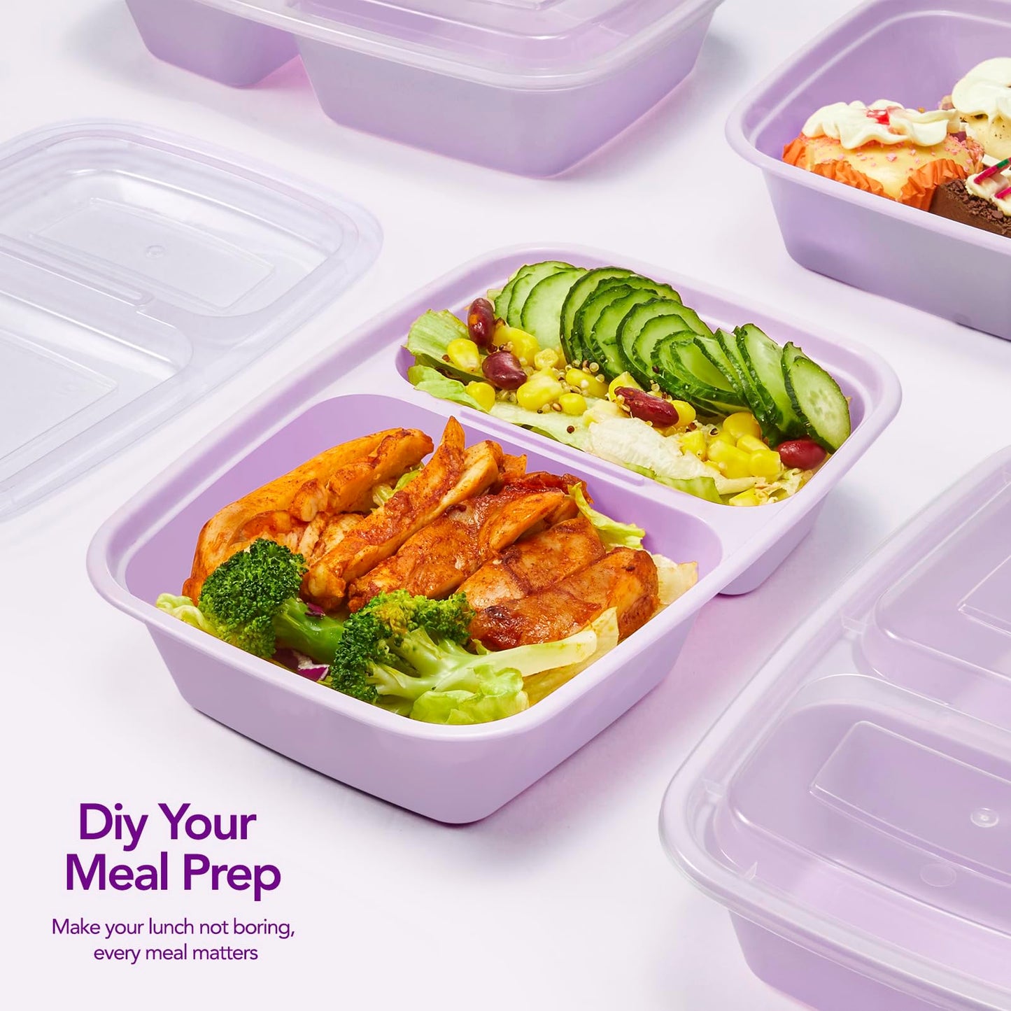 Glotoch 50 Pack Purple Meal Prep Containers Reusable 2 Compartments, Glotoch 32OZ to Go Containers for Food, Disposable Plastic Food Containers with Lids for Microwave Dishwasher Freezer Safe