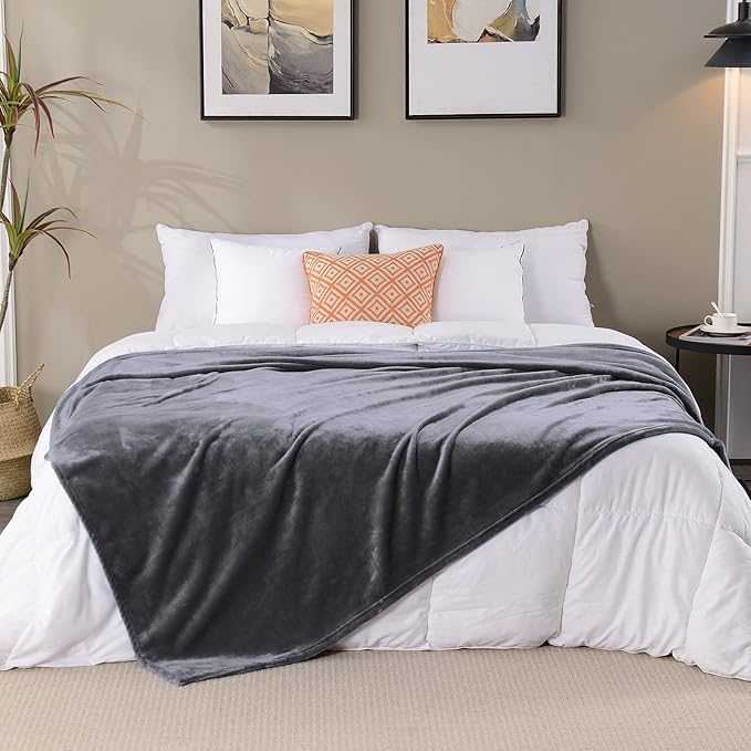 SOCHOW Flannel Fleece Blanket Queen Size, All Season Lightweight Super Soft Cozy Blanket for Bed or Couch, Grey, 90x90 inches