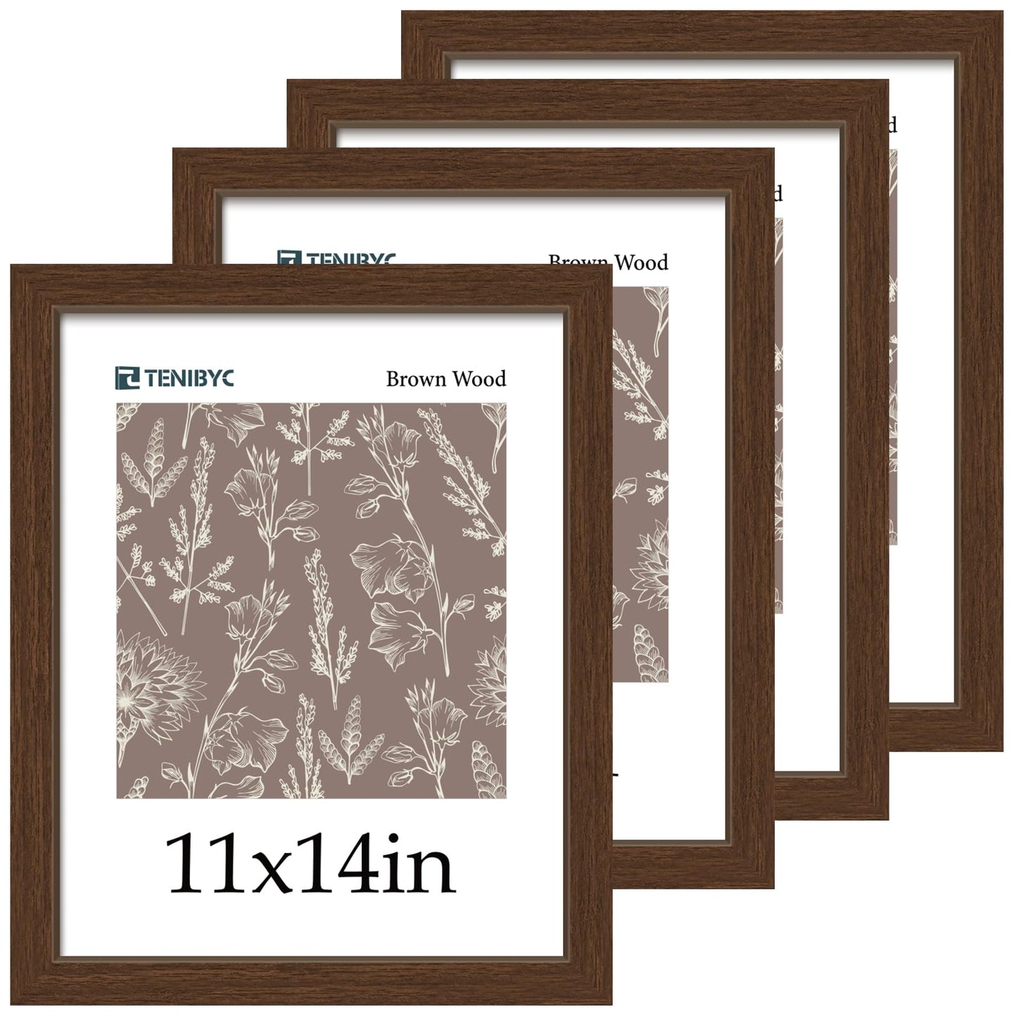 TENIBYC 11x14 Picture Frame Set - 4 Pack, Brown Wood Grain 11 x 14 Photo Frame, HD Tempered Glass, Wall Hanging, Gift for Friend